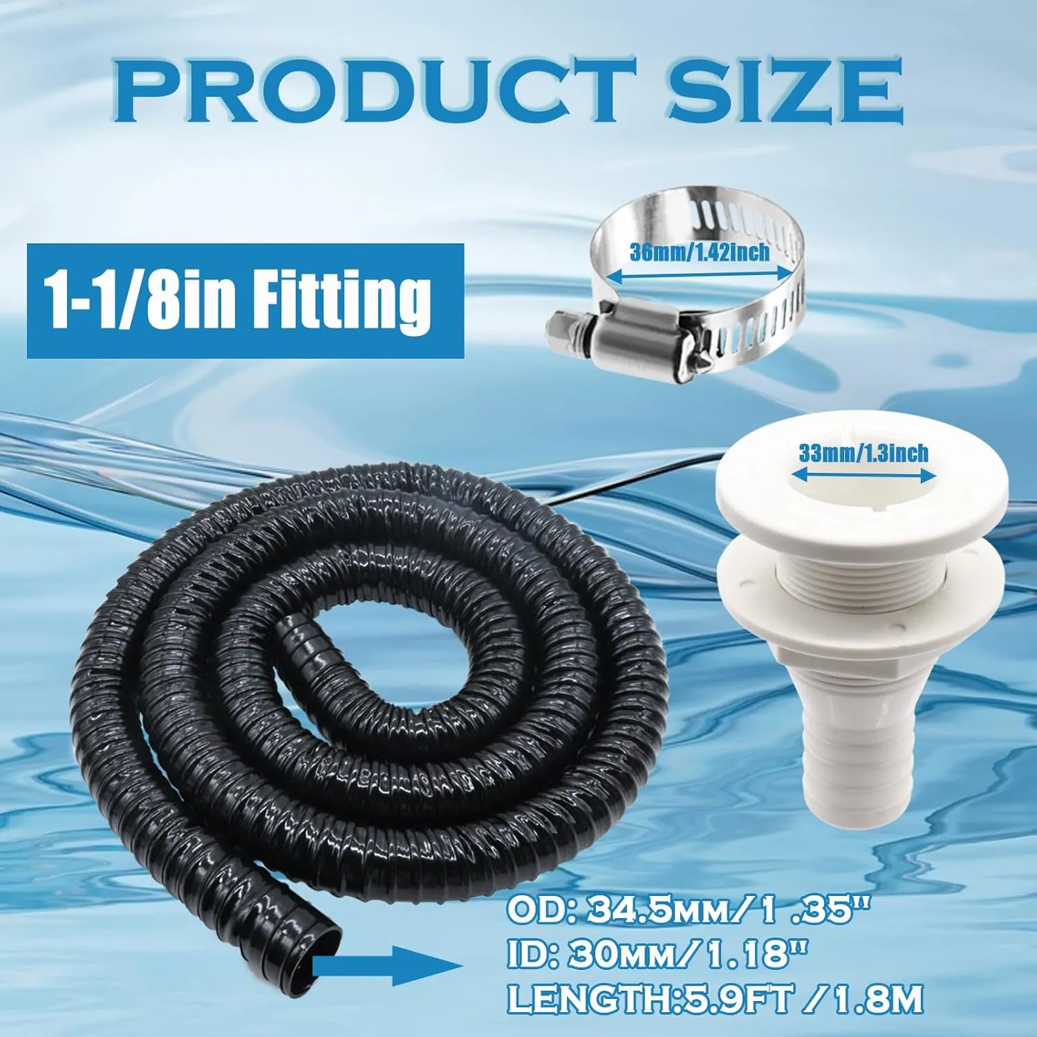 1-1/8 Boat Bilge Pump Hose Kit,1100gph Electric 12v Bilge Pump Can Choose,1-1/8 Dia 6 FT Kink-Free PVC Hose,1-1/8 Inch ABS Thru-Hull Fitting,2PCS Stainless Steel Hose Clamps for Boat Marine