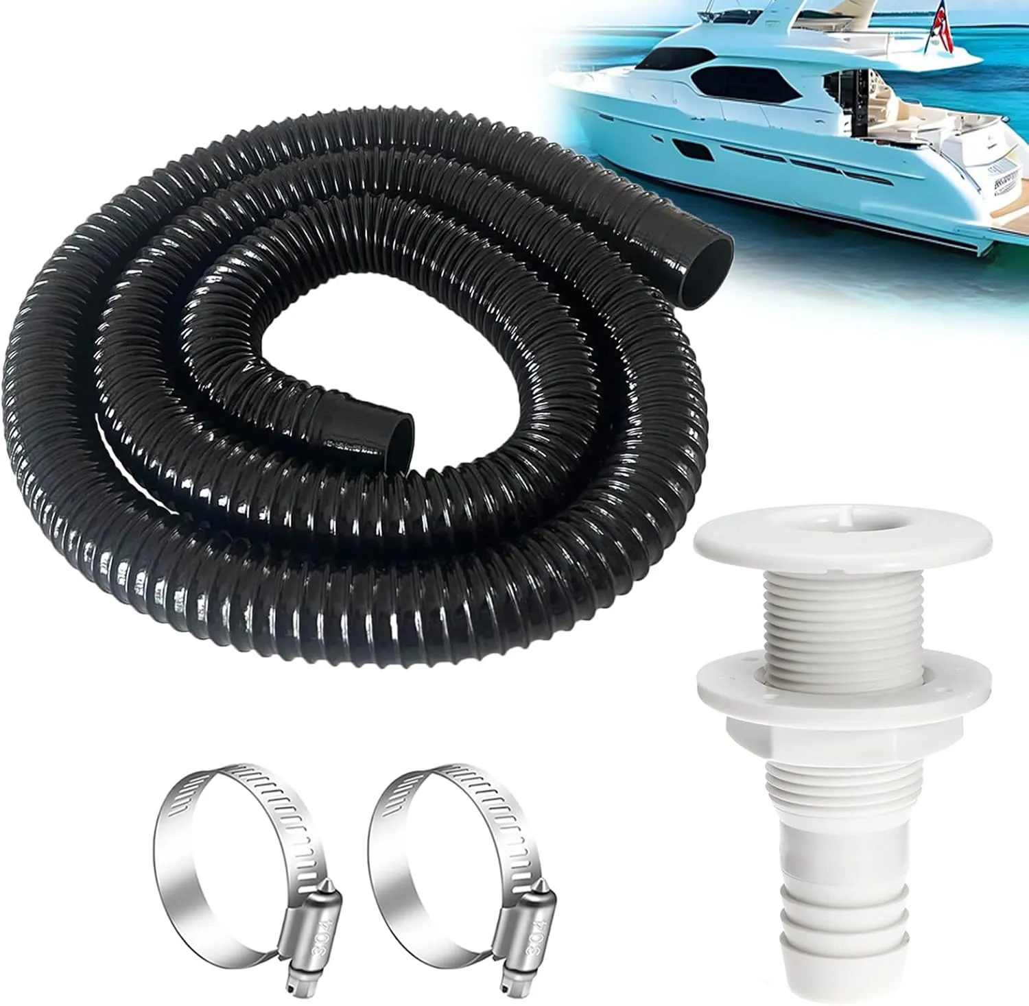 1-1/8 Boat Bilge Pump Hose Kit,1100gph Electric 12v Bilge Pump Can Choose,1-1/8 Dia 6 FT Kink-Free PVC Hose,1-1/8 Inch ABS Thru-Hull Fitting,2PCS Stainless Steel Hose Clamps for Boat Marine