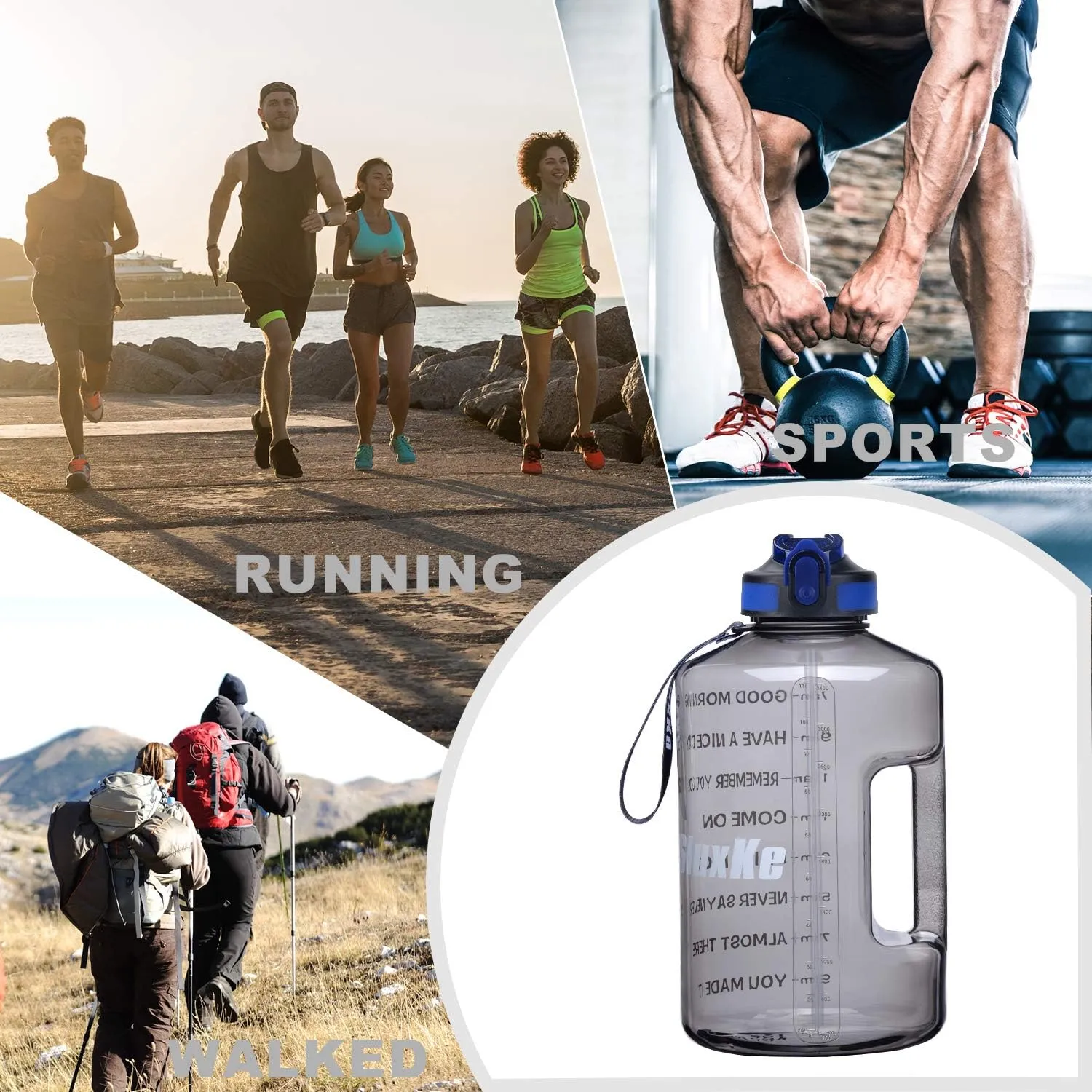 1 Gallon Motivational Sports Water Bottle with Time Marker, BPA Free 128oz Leak Proof Jug, Black, Plastic, 128 ounces, Fitness, Sports, Outdoor Activities