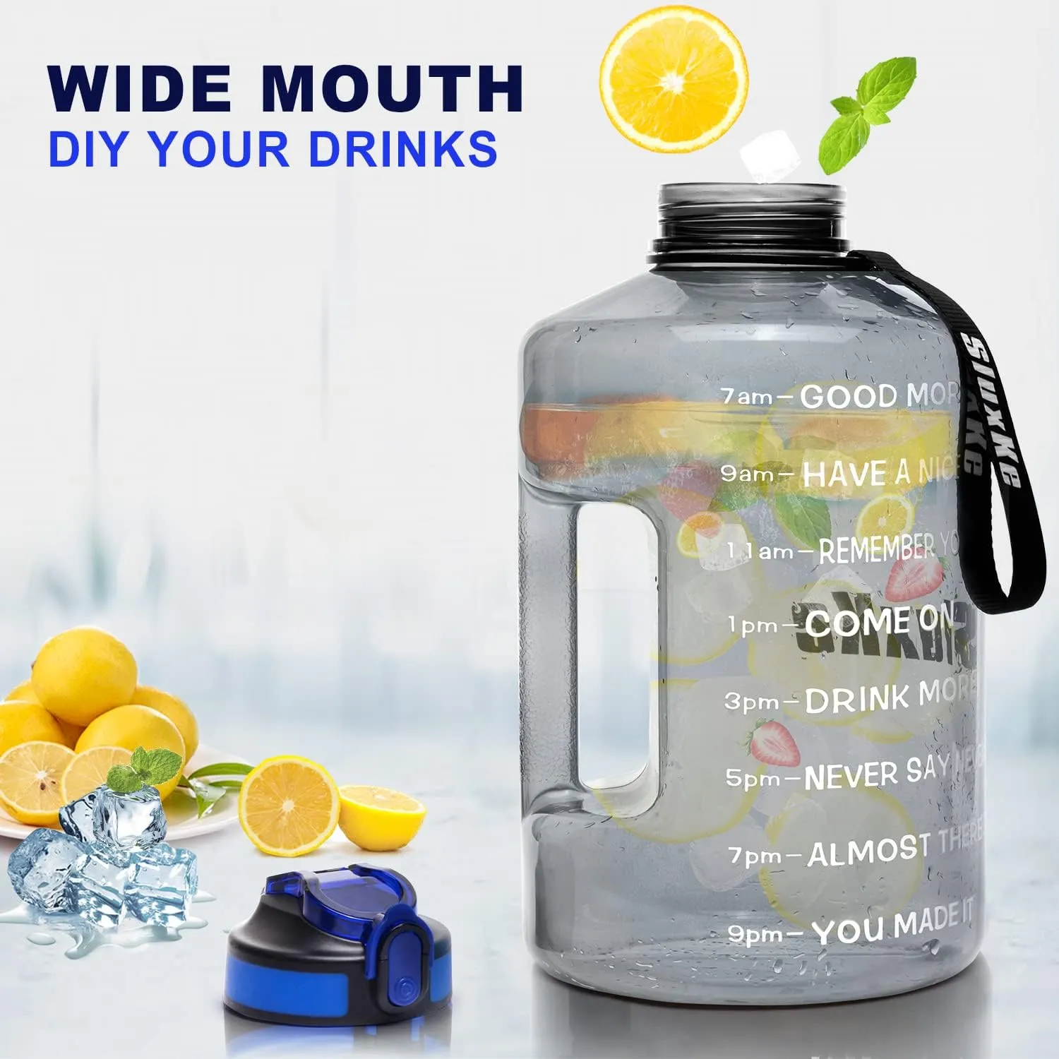 1 Gallon Motivational Sports Water Bottle with Time Marker, BPA Free 128oz Leak Proof Jug, Black, Plastic, 128 ounces, Fitness, Sports, Outdoor Activities