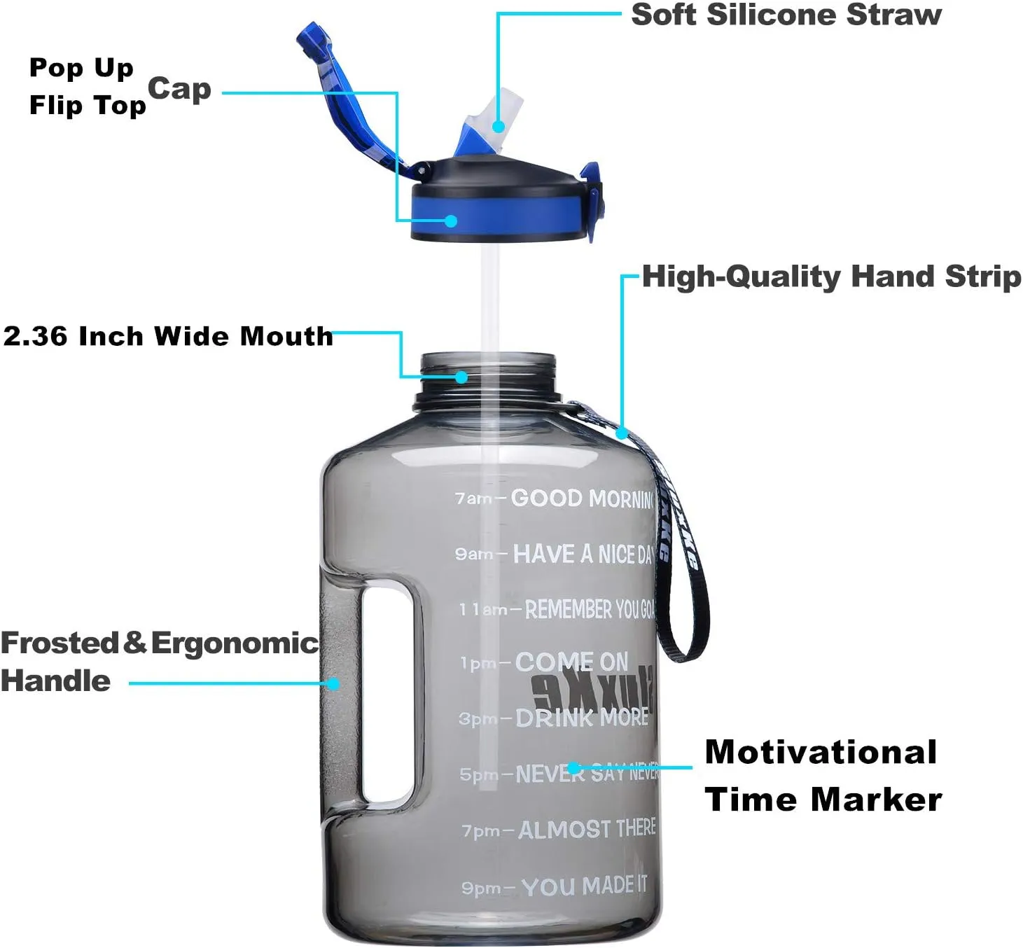 1 Gallon Motivational Sports Water Bottle with Time Marker, BPA Free 128oz Leak Proof Jug, Black, Plastic, 128 ounces, Fitness, Sports, Outdoor Activities