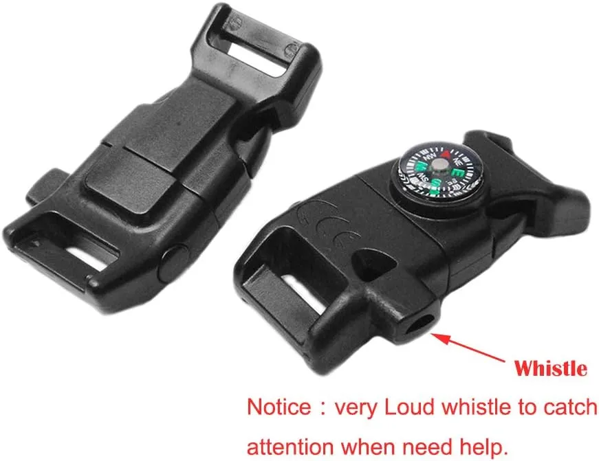10pcs Pack Black 5/8" Compass Flint Scraper Fire Starter Whistle Buckle Plastic Paracord Bracelet Outdoor Camping Emergency Survival Travel Kits #FLC158-FWC(Black)