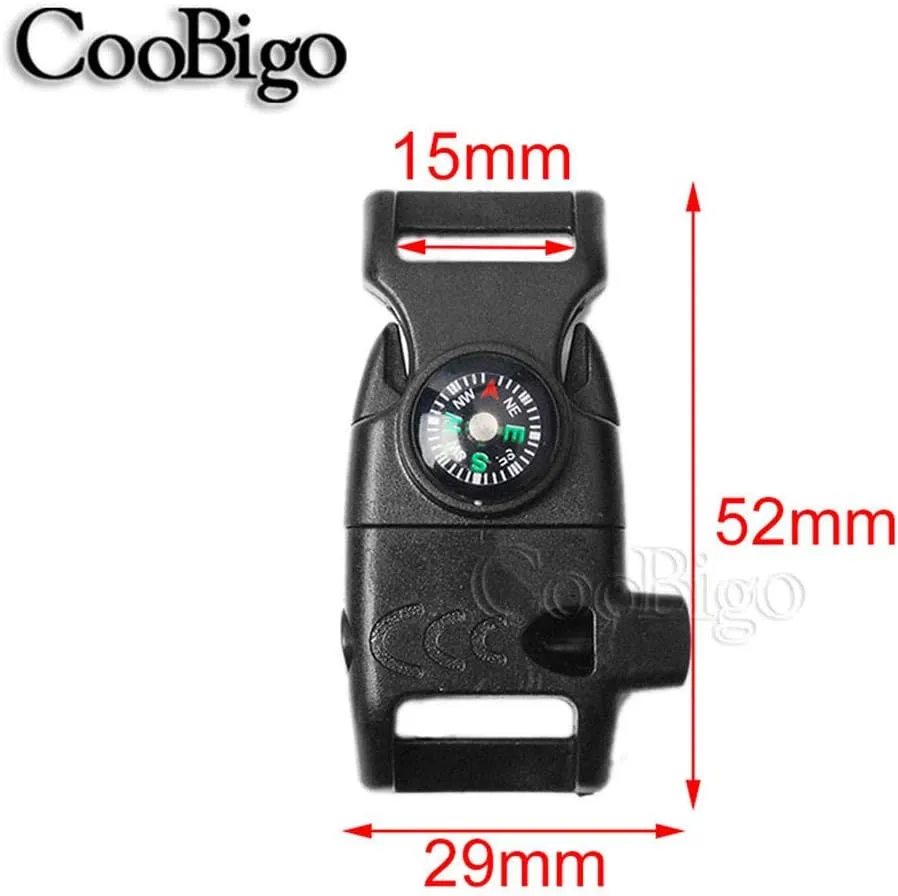 10pcs Pack Black 5/8" Compass Flint Scraper Fire Starter Whistle Buckle Plastic Paracord Bracelet Outdoor Camping Emergency Survival Travel Kits #FLC158-FWC(Black)