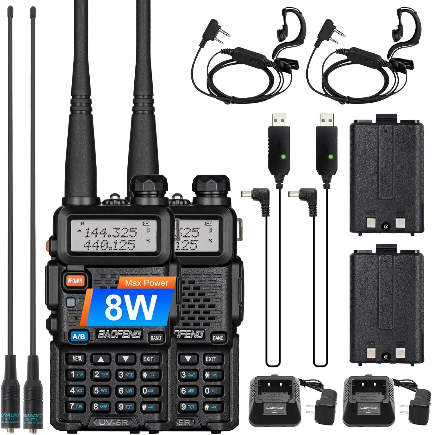 2 Pack BAOFENG UV-5R 8 Watt Ham Radio Handheld Long Range Two Way Radio with USB Charging & Long Antenna,Dual Band Ham Radio Baofeng Walkie Talkie