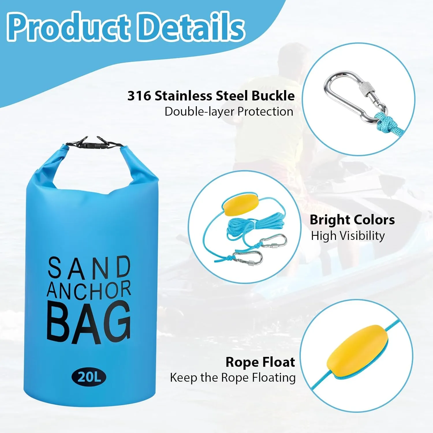 20L Sand Anchor Bag, 2 in 1 Jet Ski Anchor Kit for Float with Adjustable Buoy, Waterproof Dry Bag for Jetski, Kayak, Boat, Water Sports - Blue