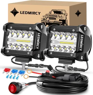 4 Inch LED Pod Lights Kit with Round Toggle Switch Wiring Harness LED Light Bar 2 Lead Spot Flood Combo Beam White Driving Off Road Lights for Truck Tractor Excavator Boat ATV SUV UTV GMC