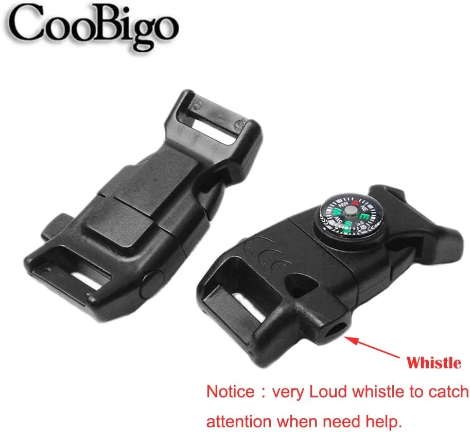 5/8 Inch Compass Flint Scraper Fire Starter Whistle Buckle Paracord Bracelet Outdoor Camping Emergency Survival Travel Kits