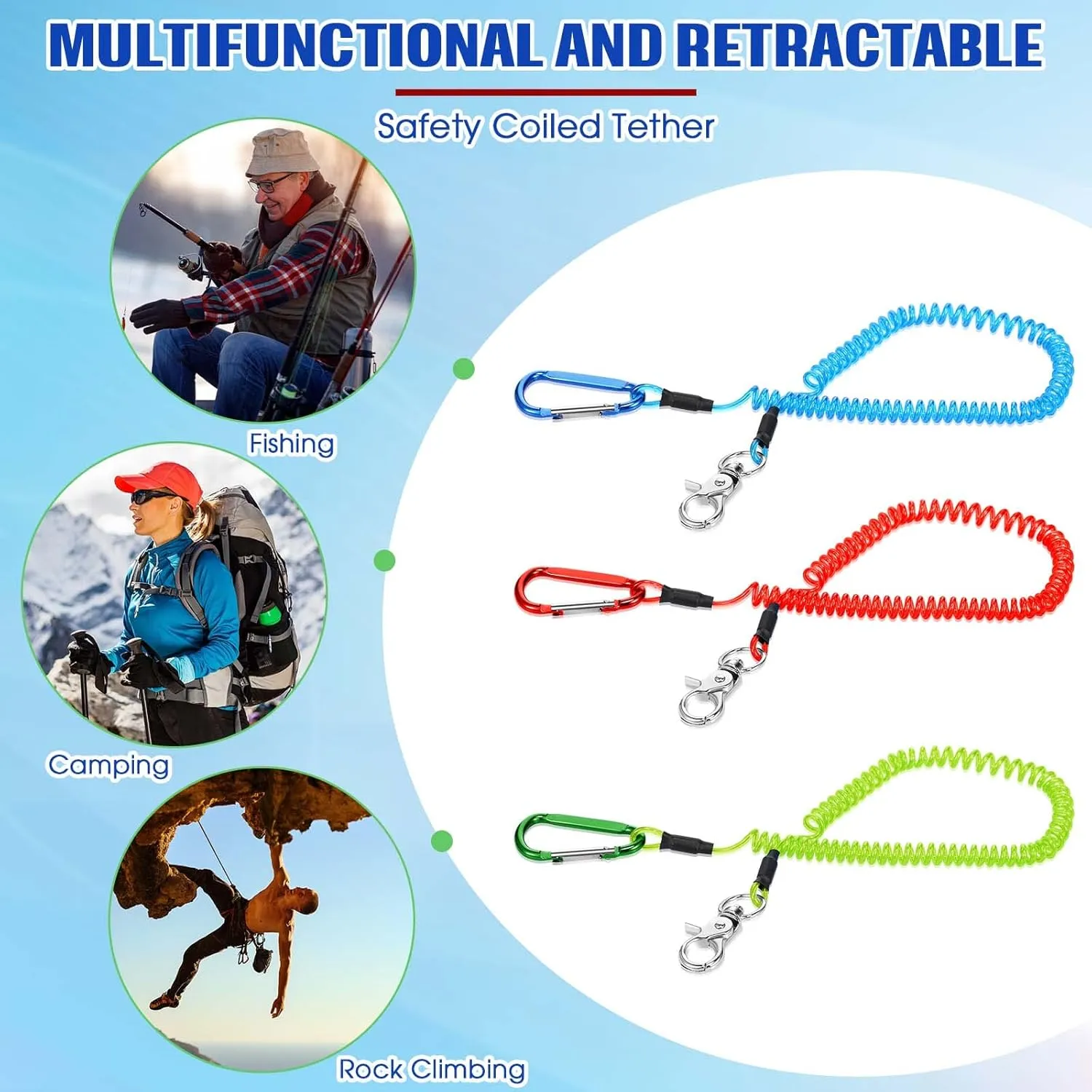 6 Pack Heavy Duty Fishing Lanyard Steel Wire Coiled Lanyard Kayak Retractable Tool Leash Fishing Rod Safety Lanyard Gear Lanyard with Alloy Clips for Pliers Boating