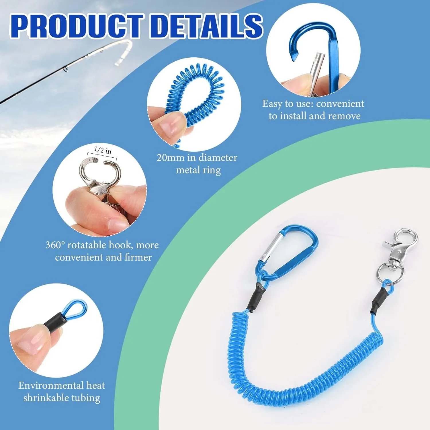 6 Pack Heavy Duty Fishing Lanyard Steel Wire Coiled Lanyard Kayak Retractable Tool Leash Fishing Rod Safety Lanyard Gear Lanyard with Alloy Clips for Pliers Boating