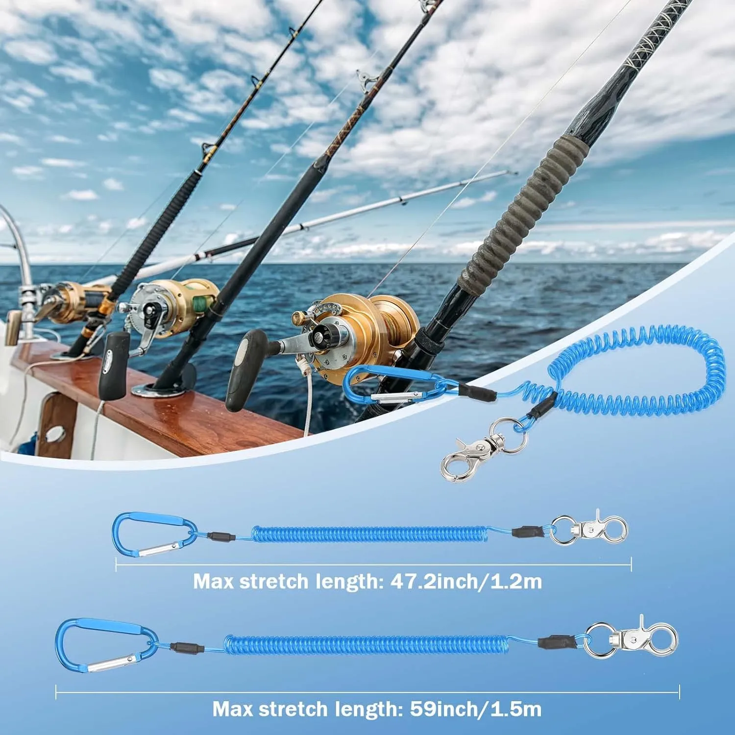 6 Pack Heavy Duty Fishing Lanyard Steel Wire Coiled Lanyard Kayak Retractable Tool Leash Fishing Rod Safety Lanyard Gear Lanyard with Alloy Clips for Pliers Boating