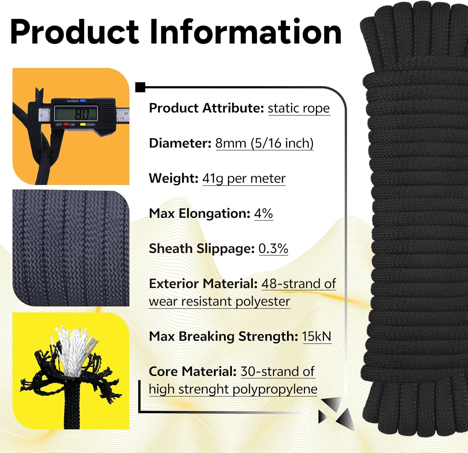 8mm Static Climbing Rope: Heavy Duty Outdoor Rock Climbing Rope for Arborist Tree Work, Rescue, Camping & Hiking, (10m/32ft, 20m/64ft, 30m/96ft) Orange/Black