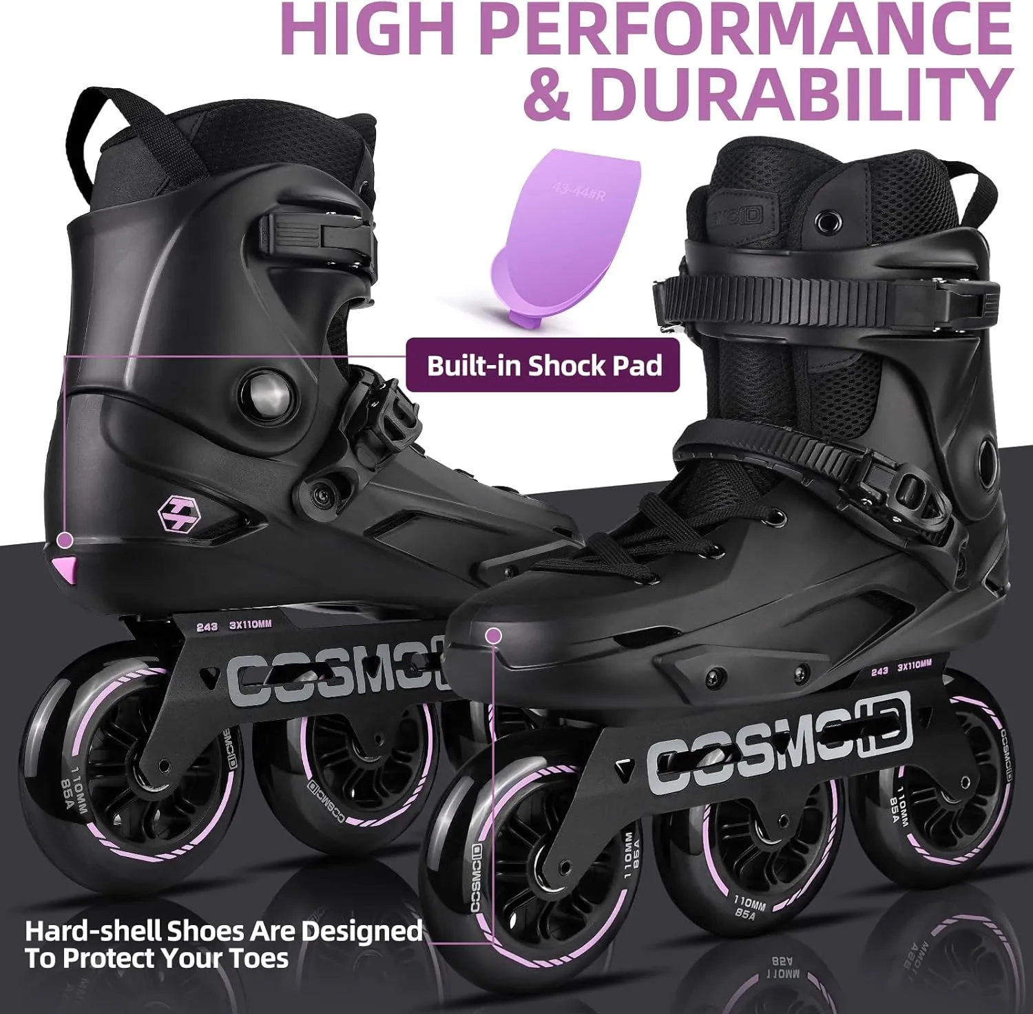 Adult Inline Skate - COSMOID High Performance Roller Skates Blades for Women & Men, 3 Wheels 110mm Metal Frame,Indoor Outdoor and Fitness Black