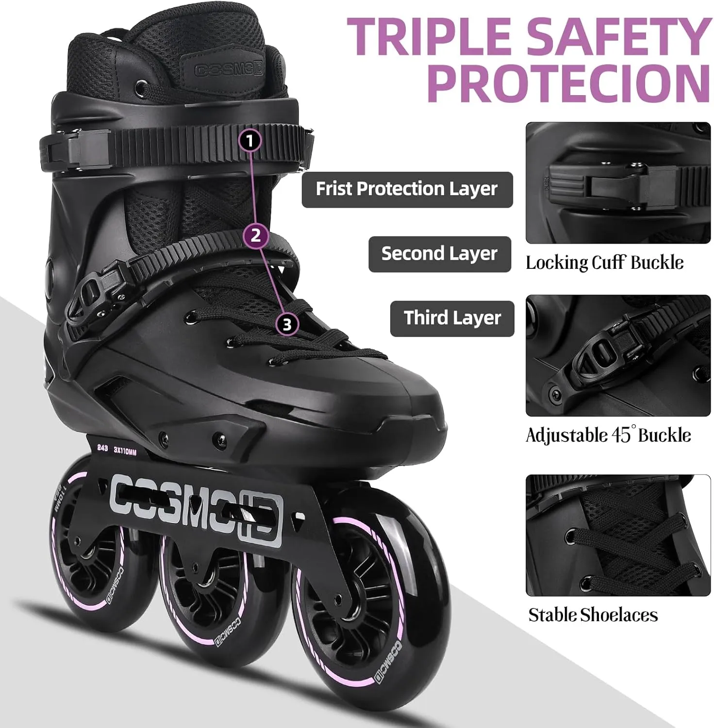 Adult Inline Skate - COSMOID High Performance Roller Skates Blades for Women & Men, 3 Wheels 110mm Metal Frame,Indoor Outdoor and Fitness Black