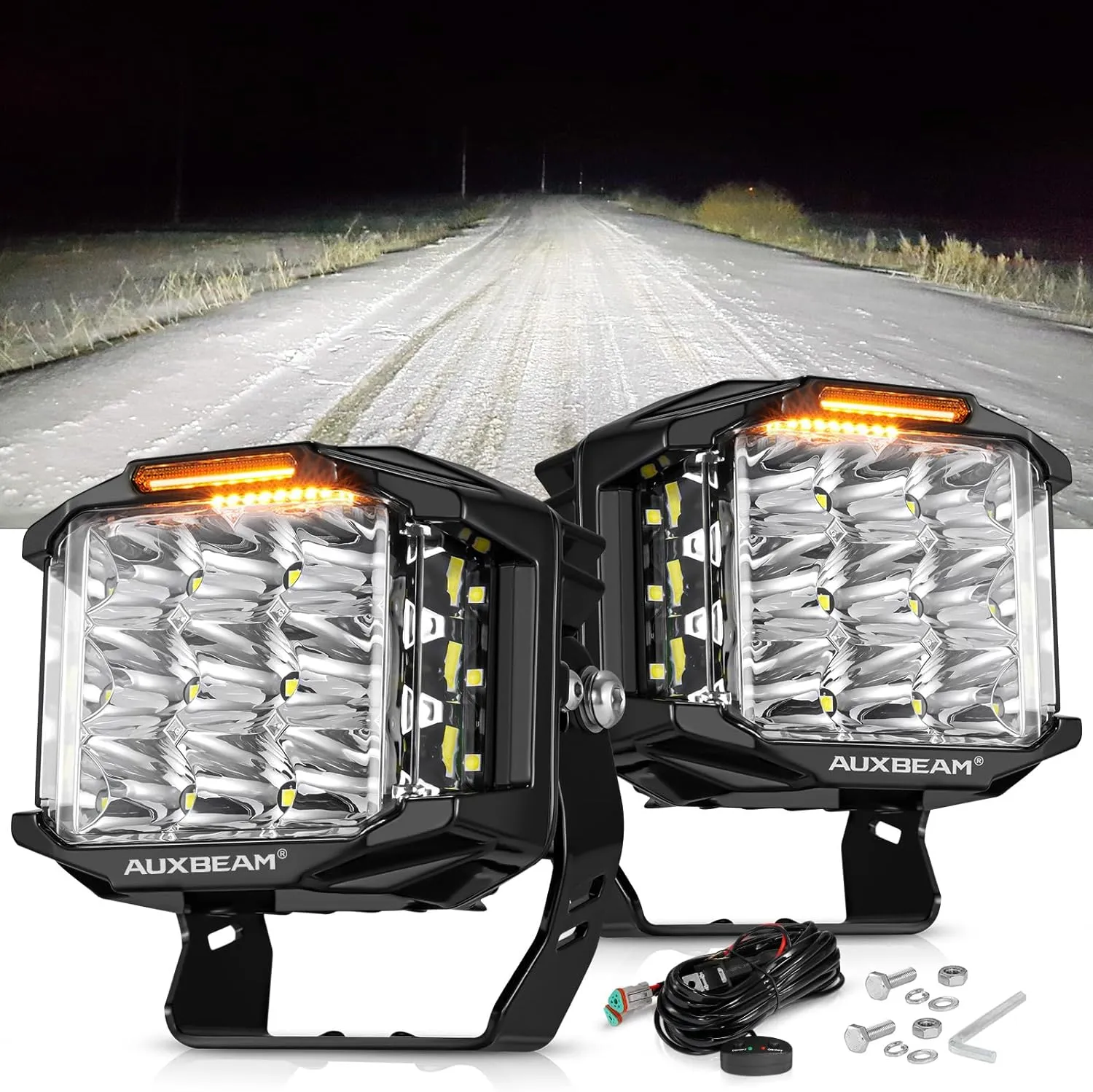 Auxbeam 5" 168W LED Cube Pods Offroad Driving Light with Amber Covers, 16440LM Bright Square Offroad Lights with Side Shooter 270 Combo Beam Ditch Light, DRL for Jeep ATV Wrangler Ford Truck Pickup