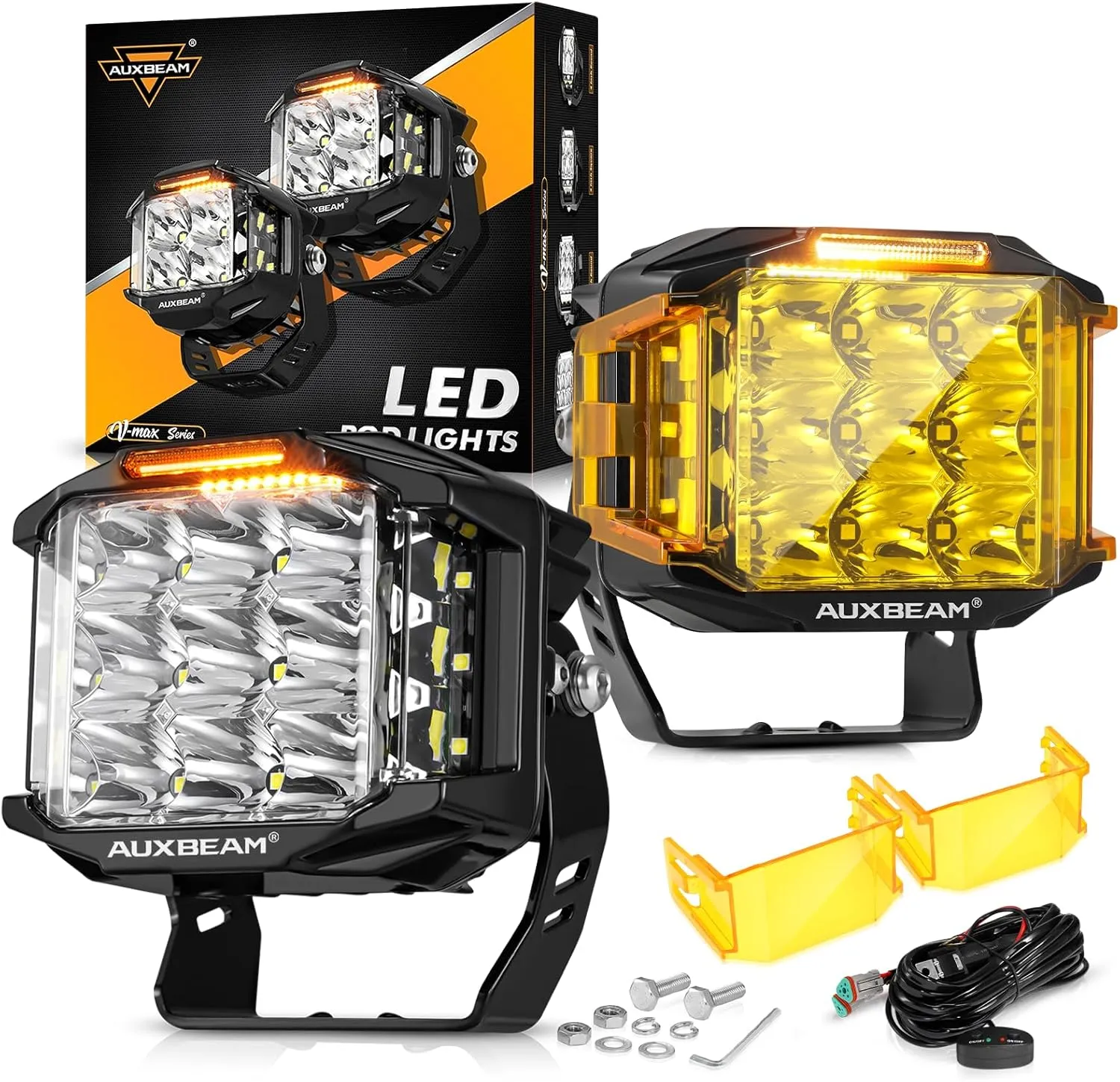 Auxbeam 5" 168W LED Cube Pods Offroad Driving Light with Amber Covers, 16440LM Bright Square Offroad Lights with Side Shooter 270 Combo Beam Ditch Light, DRL for Jeep ATV Wrangler Ford Truck Pickup