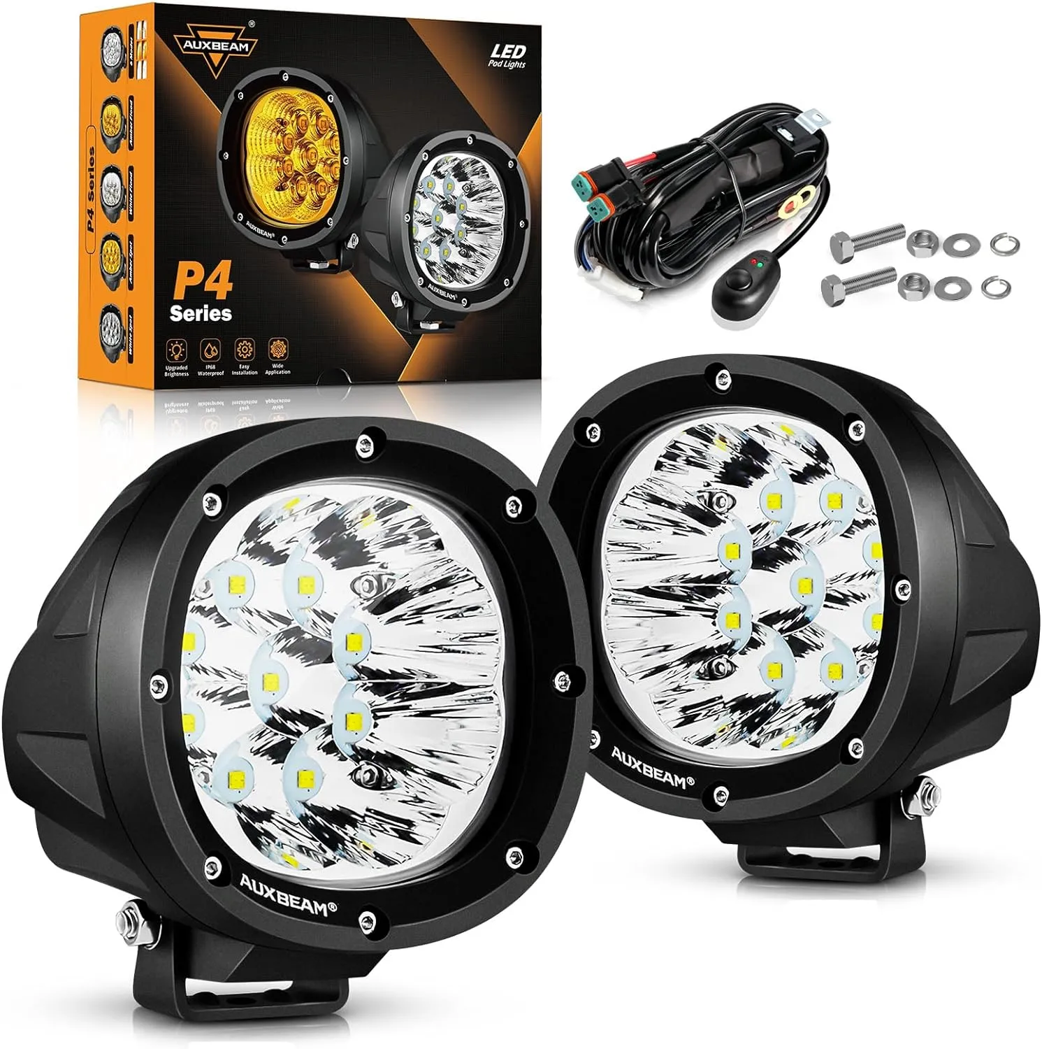 Auxbeam P4 Series 4 Inch 90W Round LED Offroad Lights, Spot Beam LED Pod Lights Off-Road Spotlights, 4x4 4WD Driving Light Bar A-Pillar Bumper Grille Hood Mount, Pair