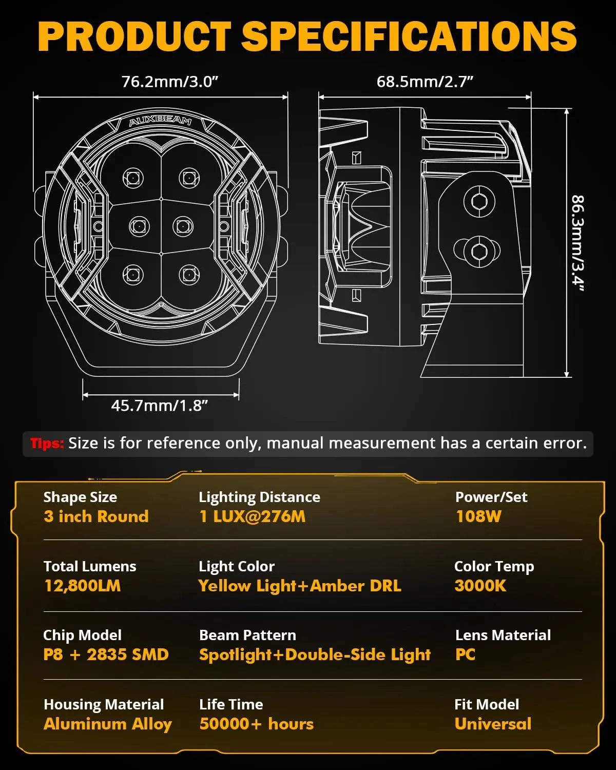 Auxbeam V-Ultra Series 3 Inch 108W LED Round Pods, 3 Modes Offroad Driving Side Shooter Light with Amber DRL, 270 Ultra-Wide Amber Cube Universal Spotlights with Covers & DT Plug Wiring Harness