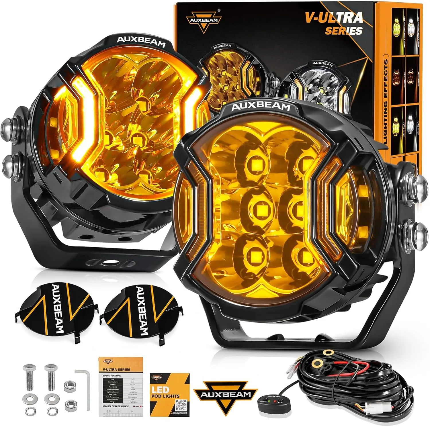 Auxbeam V-Ultra Series 3 Inch 108W LED Round Pods, 3 Modes Offroad Driving Side Shooter Light with Amber DRL, 270 Ultra-Wide Amber Cube Universal Spotlights with Covers & DT Plug Wiring Harness