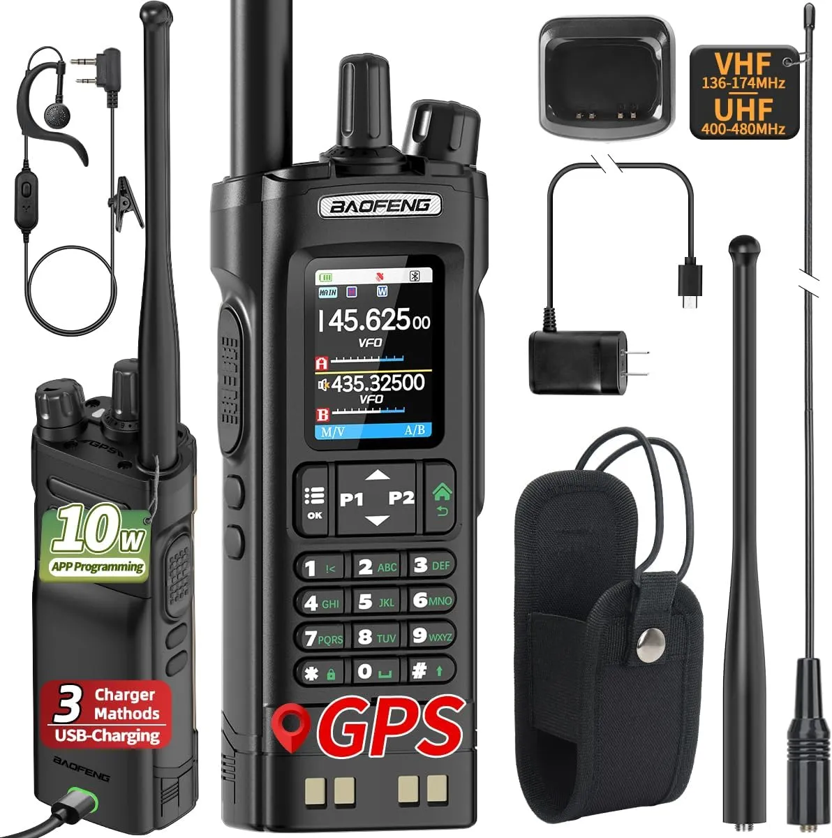 BAOFENG Radio UV-32 Ham Radio 10W Long Range Handheld NOAA Weather Receiver Rechargeable Walkie Talkies with GPS, AM, Copy Frequency, USB-C Rechargeable Battery