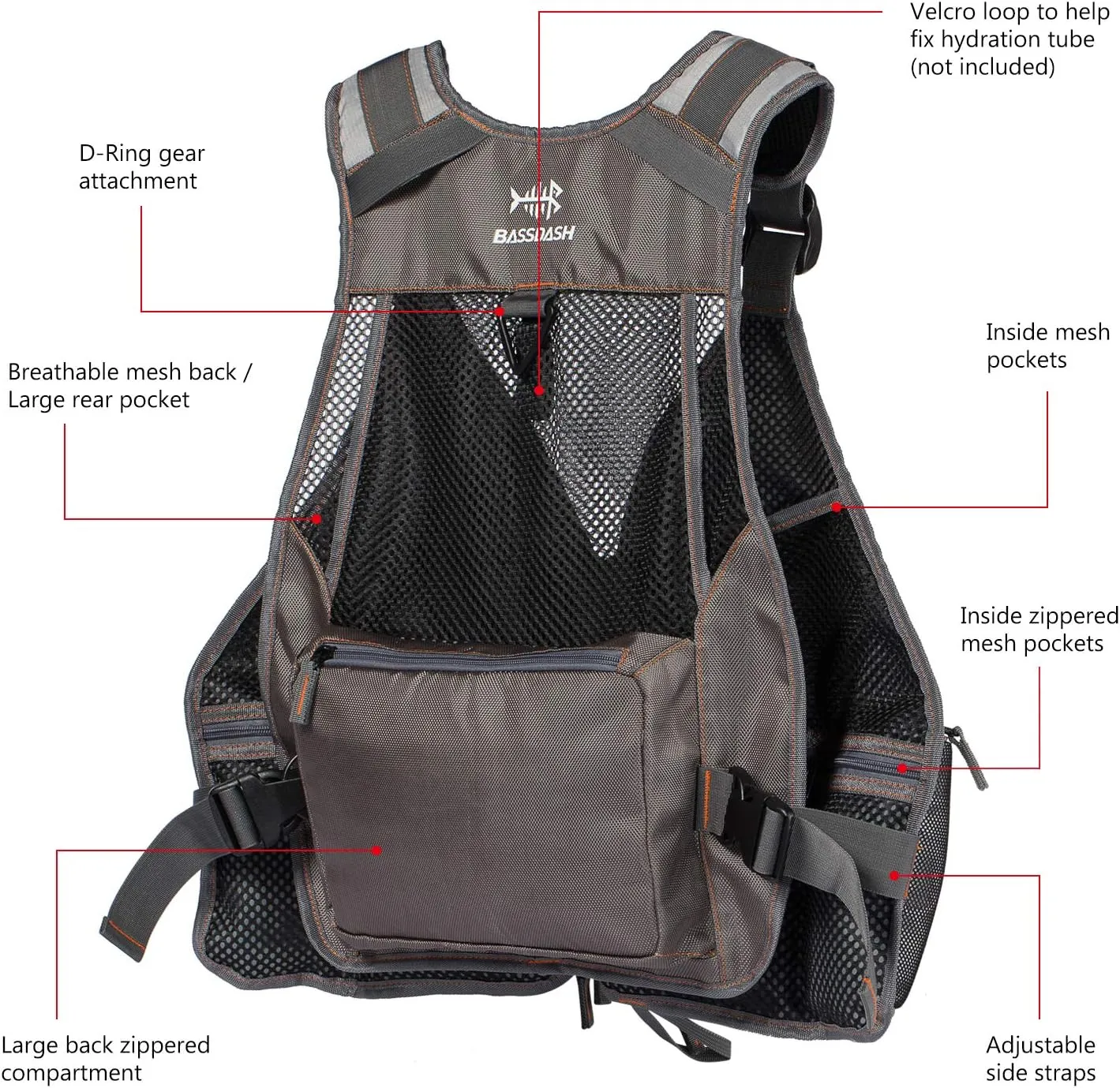 BASSDASH Strap Fishing Vest Adjustable for Men and Women, for Fly Bass Fishing and Outdoor Activities