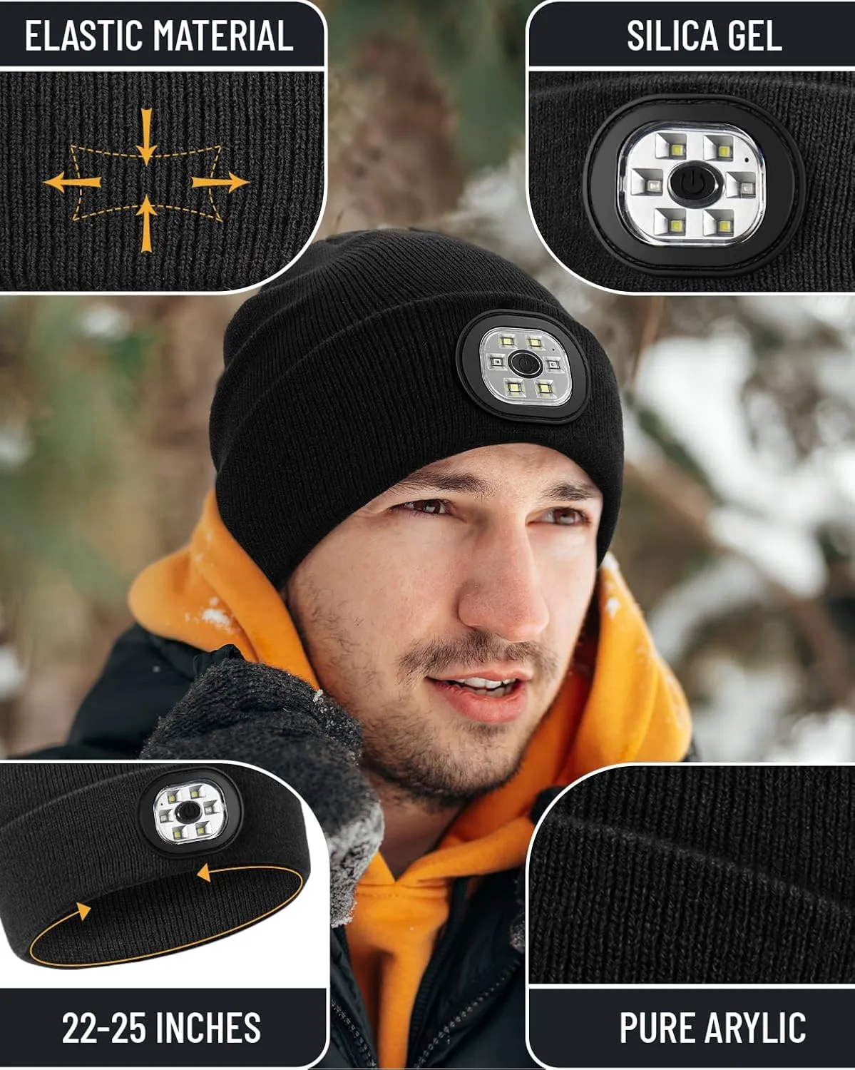 Beanie Headlamp - Unisex Winter Knit Cap Gifts for Men Dad Father with LED Hands Free USB Rechargeable Caps