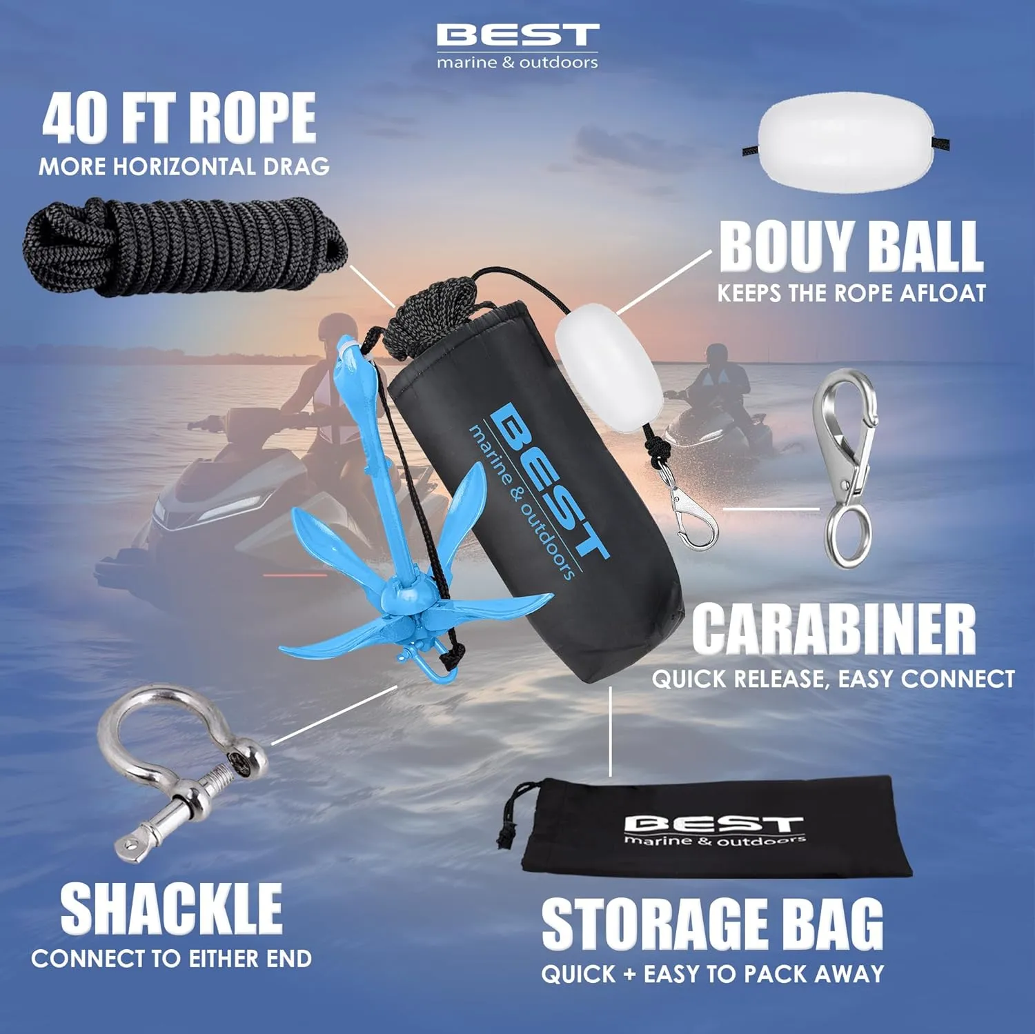 Best Marine and Outdoors Kayak Anchor, 3.5 Pound Anchor System Kit for Kayaks, Canoes, SUP Paddle Boards & Jet Skis, Fishing, Boating & Kayaking Accessories