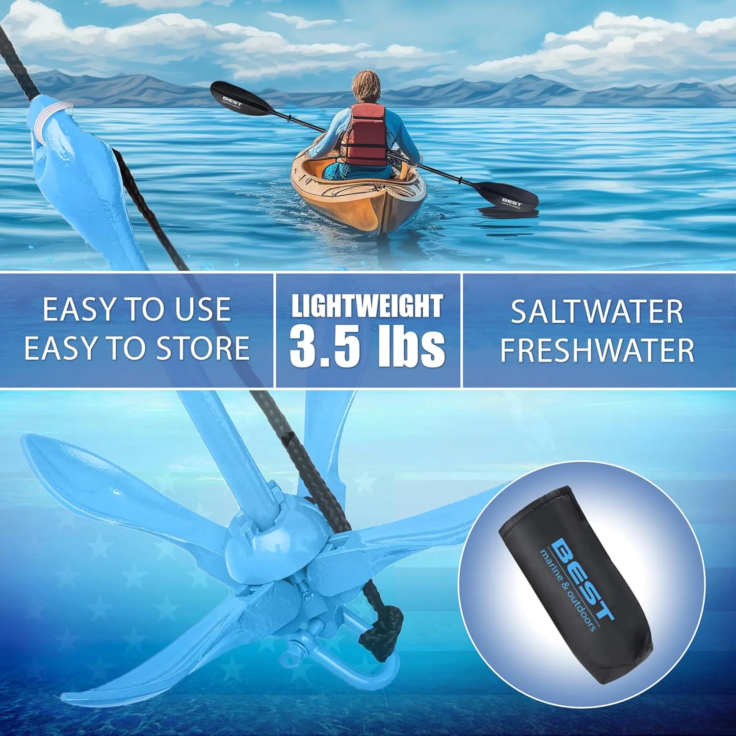 Best Marine and Outdoors Kayak Anchor, 3.5 Pound Anchor System Kit for Kayaks, Canoes, SUP Paddle Boards & Jet Skis, Fishing, Boating & Kayaking Accessories