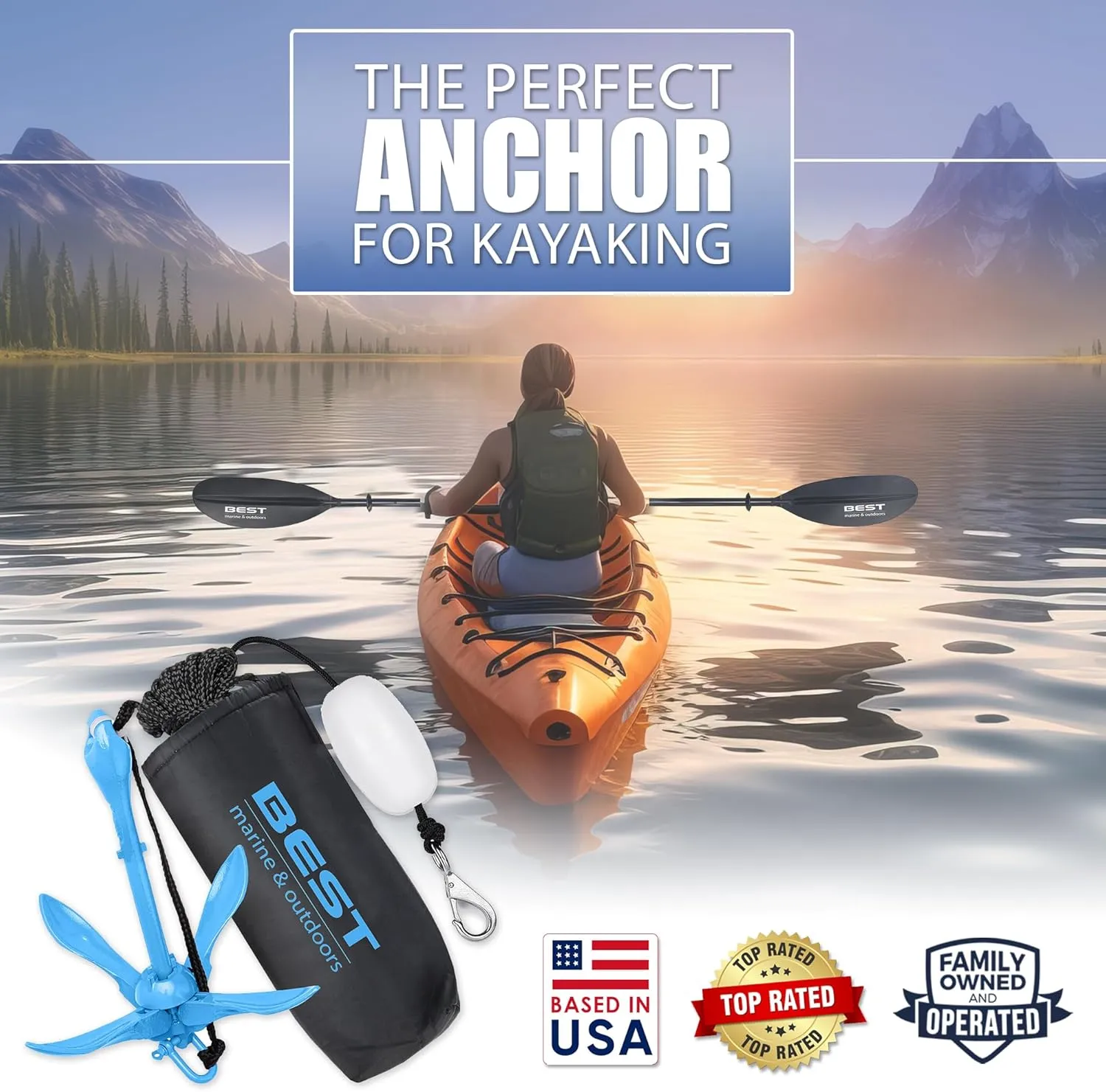 Best Marine and Outdoors Kayak Anchor, 3.5 Pound Anchor System Kit for Kayaks, Canoes, SUP Paddle Boards & Jet Skis, Fishing, Boating & Kayaking Accessories