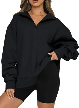 BLENCOT Women Half Zip Oversized Sweatshirts Long Sleeve Solid Color Drop Shoulder Fleece Workout Pullover S-2XL