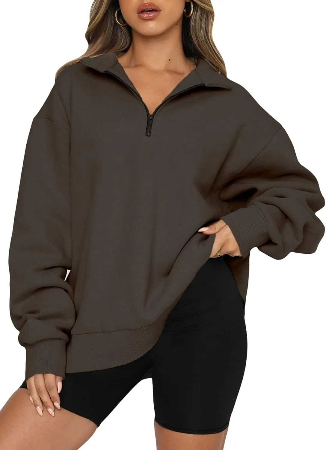 BLENCOT Women Half Zip Oversized Sweatshirts Long Sleeve Solid Color Drop Shoulder Fleece Workout Pullover S-2XL
