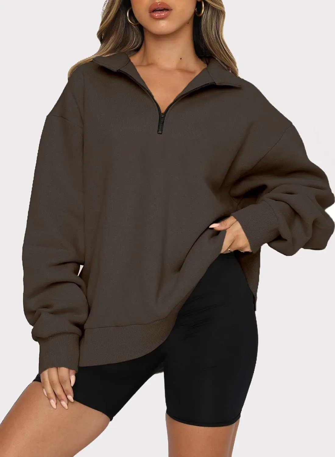 BLENCOT Women Half Zip Oversized Sweatshirts Long Sleeve Solid Color Drop Shoulder Fleece Workout Pullover S-2XL