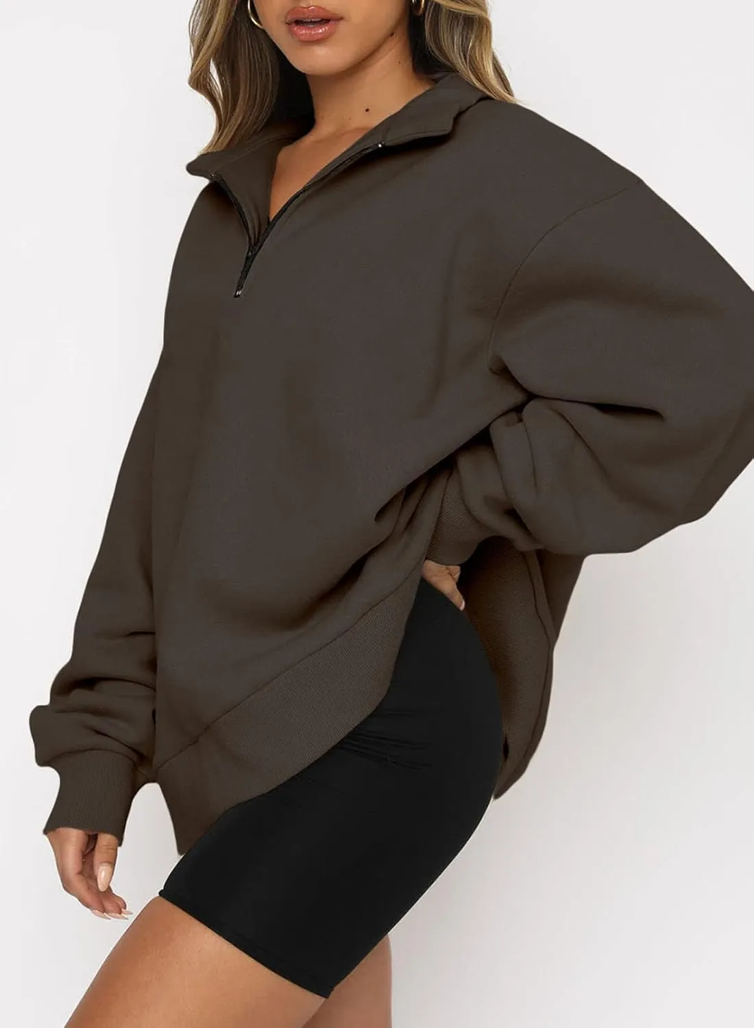 BLENCOT Women Half Zip Oversized Sweatshirts Long Sleeve Solid Color Drop Shoulder Fleece Workout Pullover S-2XL