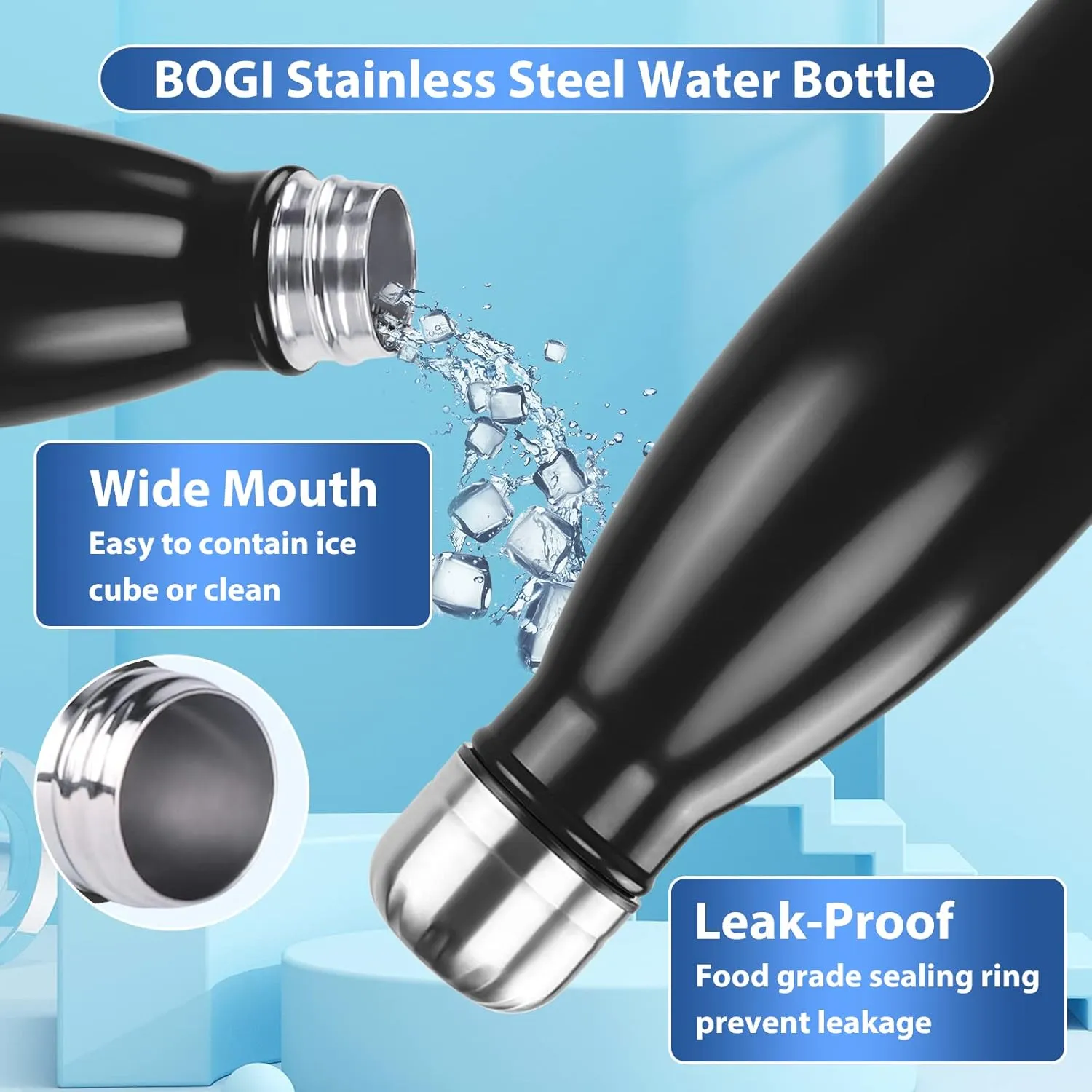 BOGI Insulated Water Bottle, 17oz 2 Pack Stainless Steel Water Bottles, Leak Proof Sports Metal Water Bottles Keep Drink Cold for 24 Hours and Hot for 12 Hours BPA Free kids water bottle for School