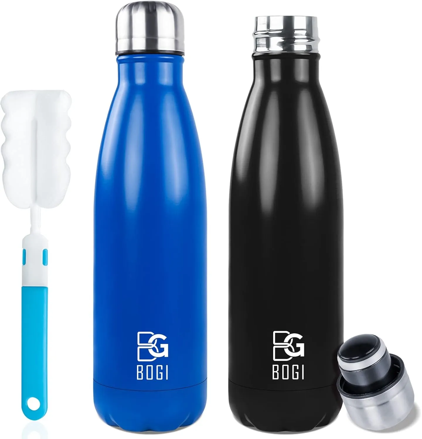 BOGI Insulated Water Bottle, 17oz 2 Pack Stainless Steel Water Bottles, Leak Proof Sports Metal Water Bottles Keep Drink Cold for 24 Hours and Hot for 12 Hours BPA Free kids water bottle for School