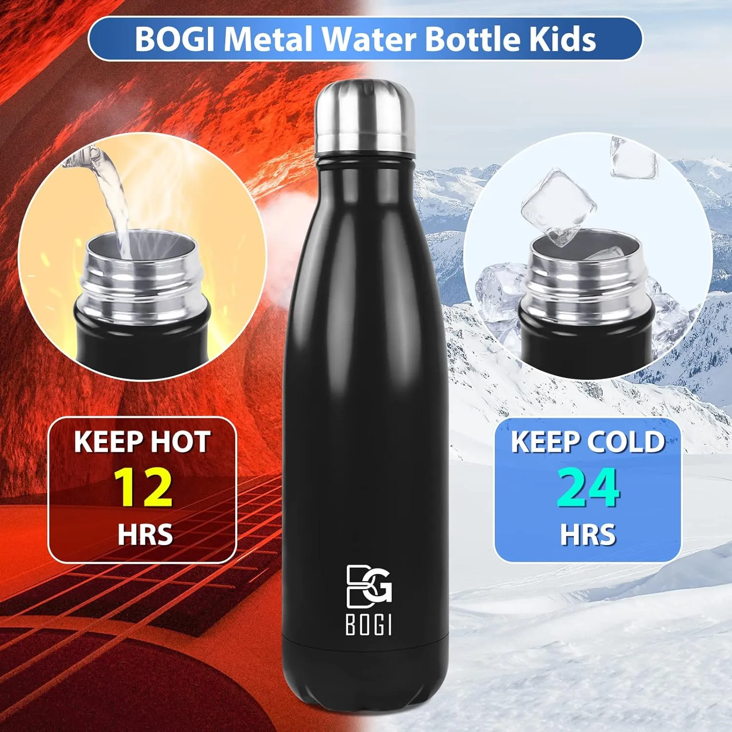 BOGI Insulated Water Bottle, 17oz 2 Pack Stainless Steel Water Bottles, Leak Proof Sports Metal Water Bottles Keep Drink Cold for 24 Hours and Hot for 12 Hours BPA Free kids water bottle for School