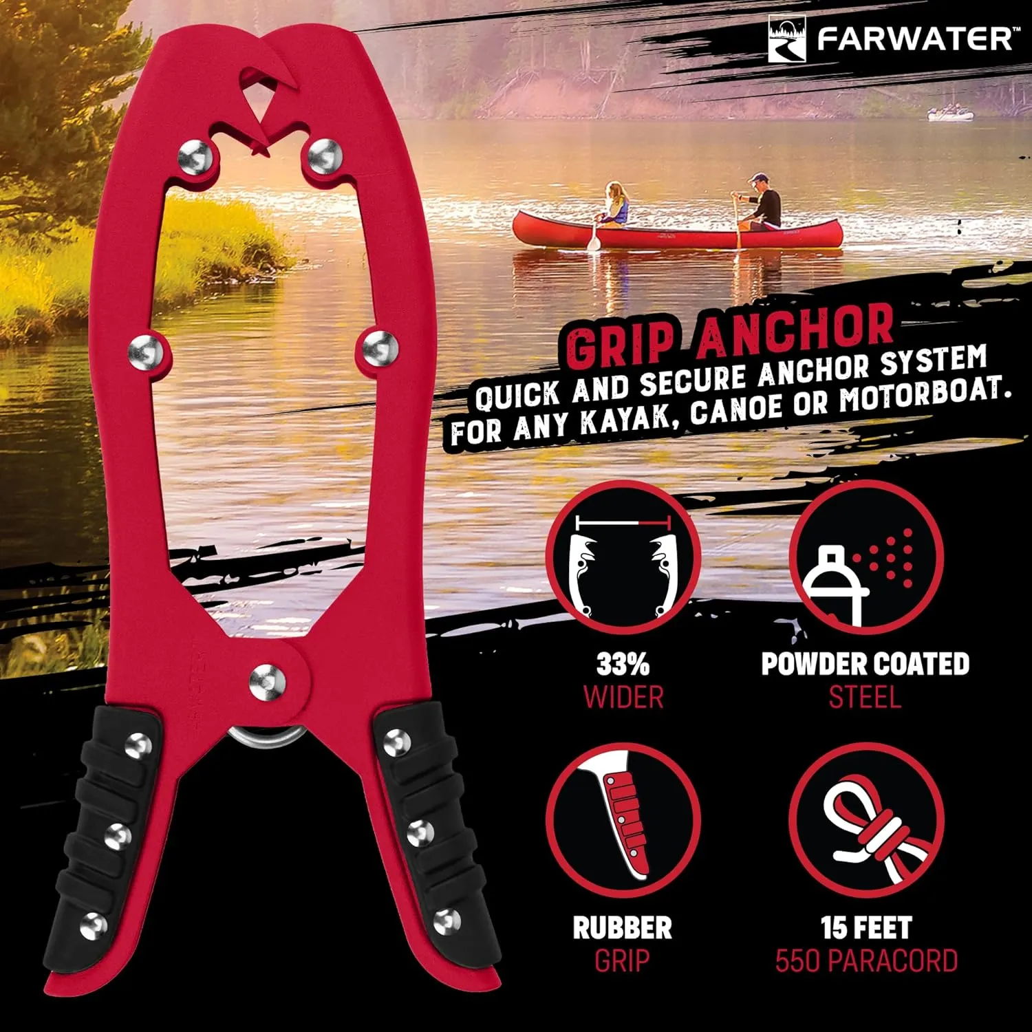 Canoe Anchor Grip - Boat, Float Tube & Kayak Fishing Accessories, Kayaking Equipment - Brush Clamp Anchor with Teeth - Gripper with 15ft Paracord - Rubber Grips - Coated Steel -