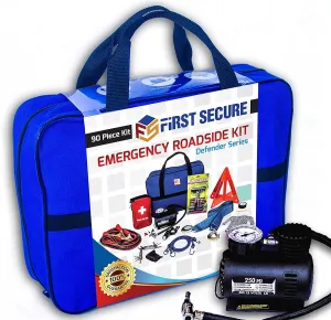 Car Emergency Kit with Air Compressor, Jumper Cables, First Aid, Tow Strap, Tire Gauge, Headlamp  Roadside Safety Kit for Women, Men, Teens