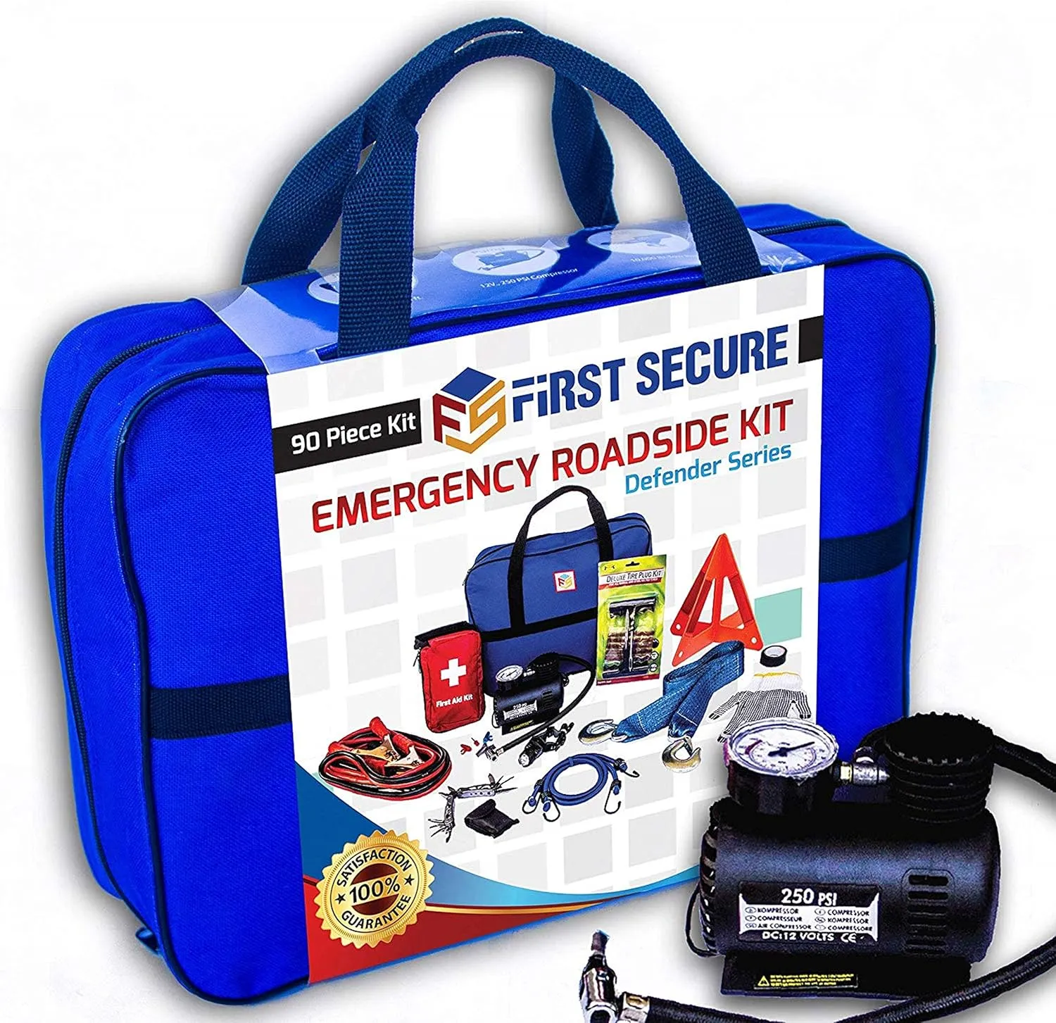 Car Emergency Kit with Air Compressor, Jumper Cables, First Aid, Tow Strap, Tire Gauge, Headlamp  Roadside Safety Kit for Women, Men, Teens