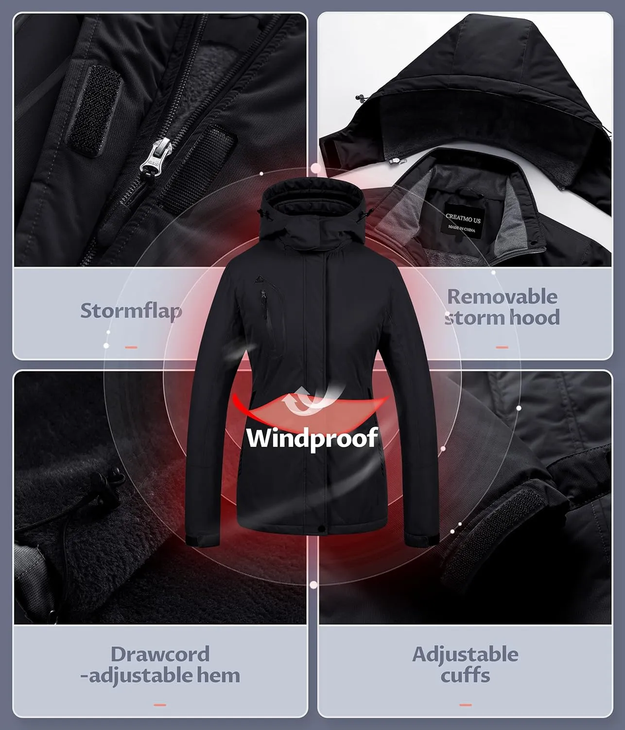 CREATMO US Women's Mountain Waterproof Ski Jacket Windproof Snowboarding Jacket Warm Winter Coat Raincoat