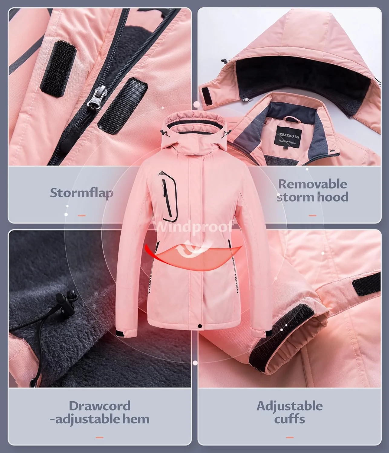 CREATMO US Women's Mountain Waterproof Ski Jacket Windproof Snowboarding Jacket Warm Winter Coat Raincoat