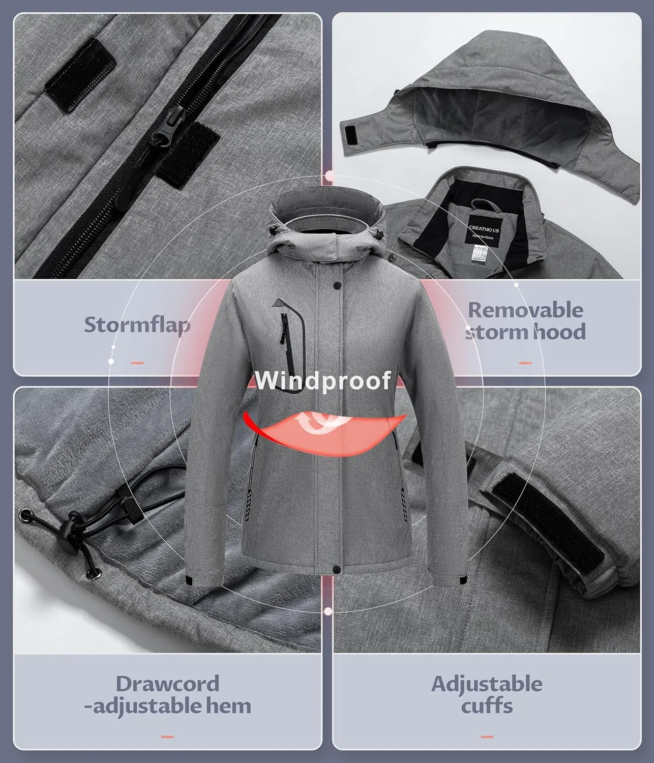 CREATMO US Women's Mountain Waterproof Ski Jacket Windproof Snowboarding Jacket Warm Winter Coat Raincoat