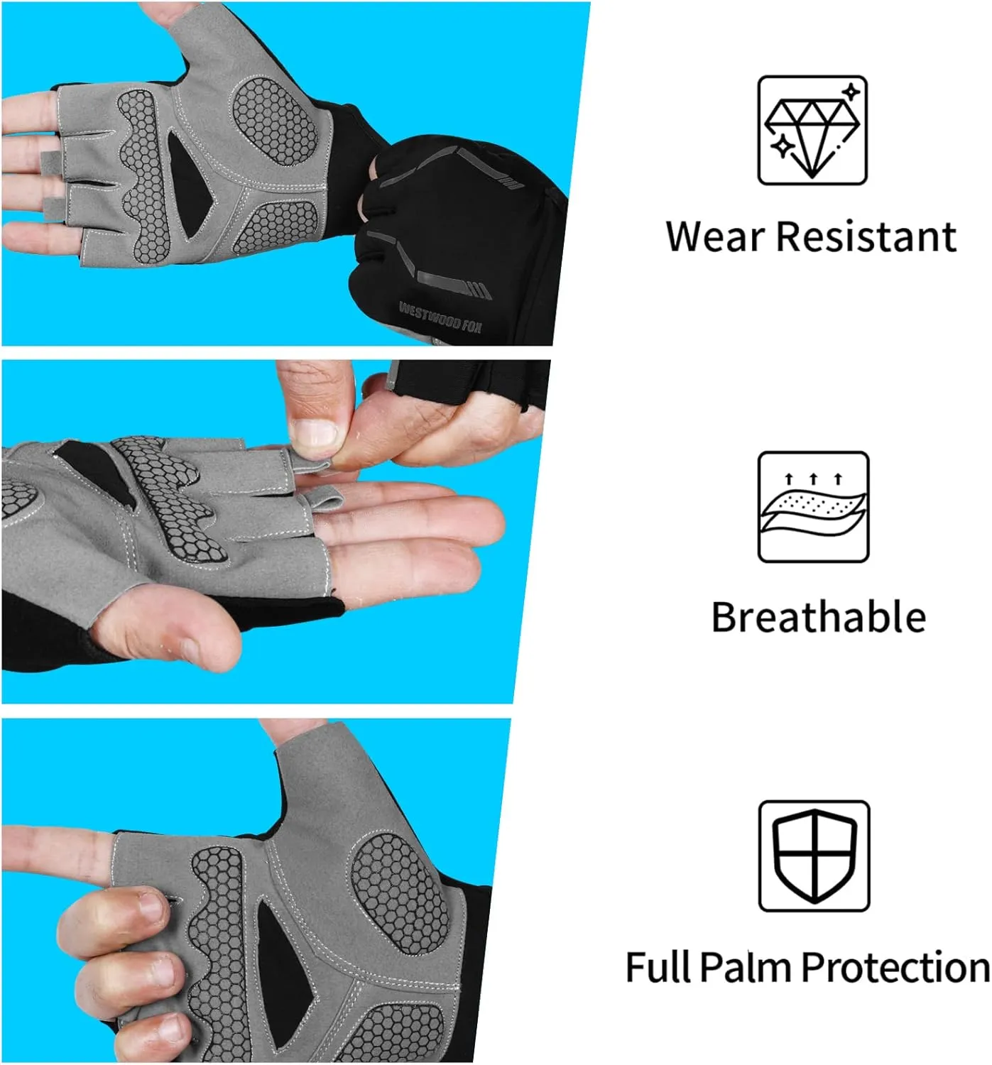 Cycling Gloves Half Finger Unisex Padded Grips Palm Bicycle Riding MTB Bike Gloves Non-Slip Fingerless Short Mountain Ride Mens Sports Hiking Climbing Camping Gym