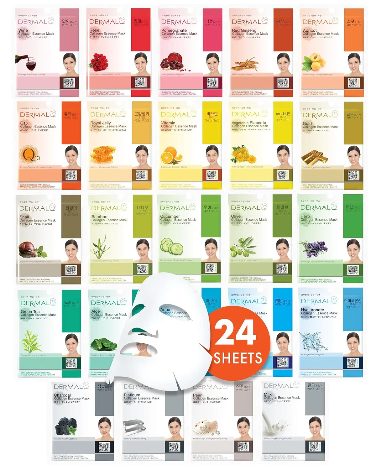 DERMAL 24 Combo Pack A Collagen Essence Korean Face Mask - Hydrating & Soothing Facial Mask with Panthenol - Hypoallergenic Self Care Sheet Mask for All Skin Types - Natural Home Spa Treatment Mask