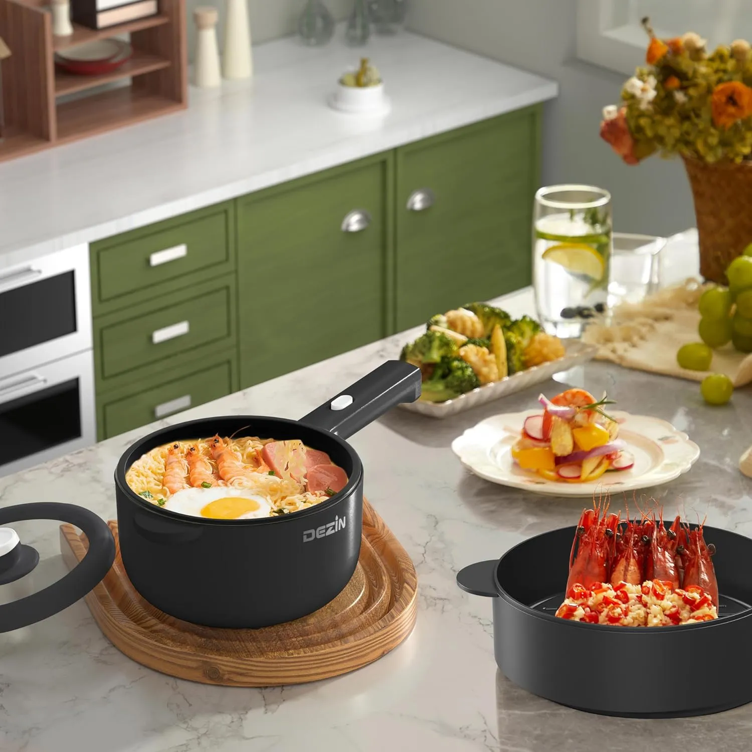 Dezin Electric Cooker, 2L Non-Stick Saut Pan, Rapid Noodles Cooker, Mini Pot for Ramen with Power Adjustment, Dorm Room Essential