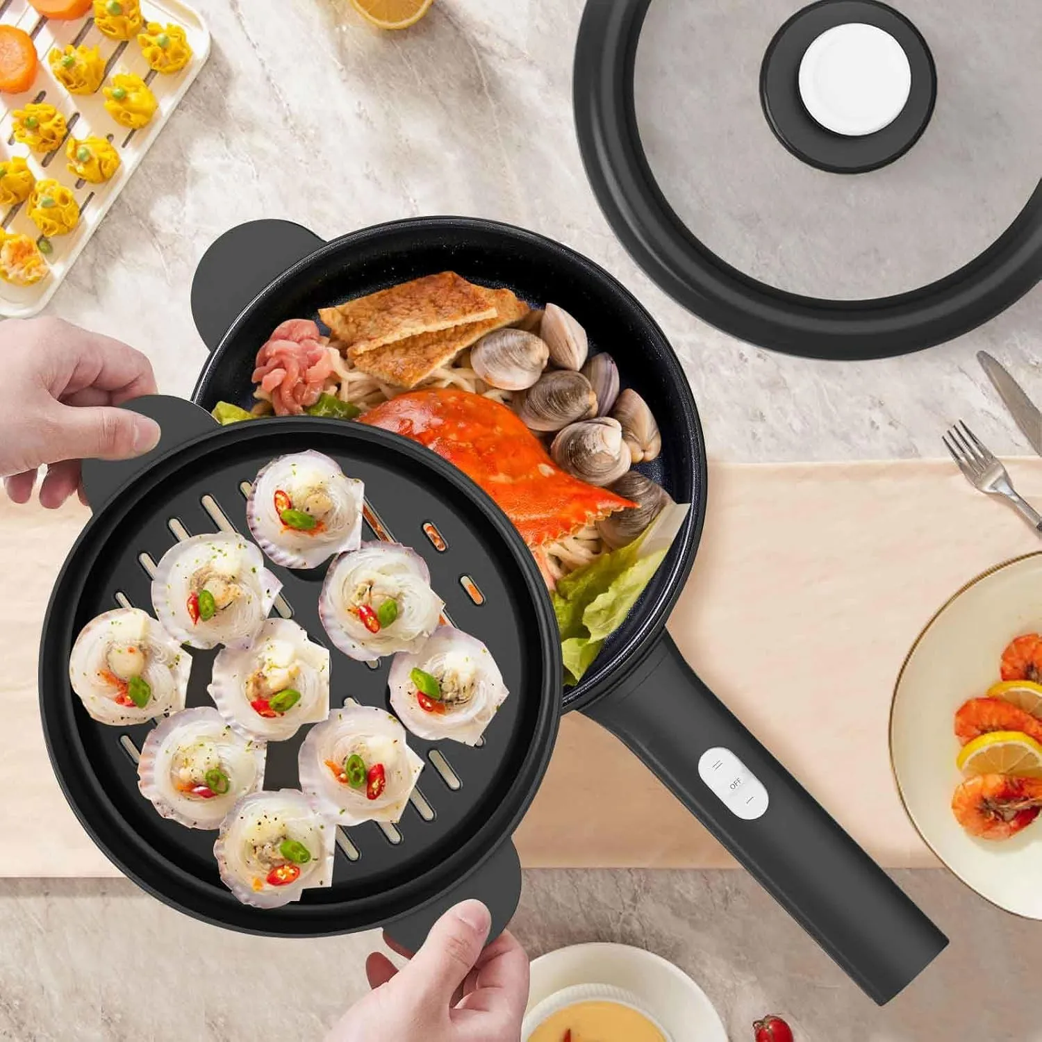 Dezin Electric Cooker, 2L Non-Stick Saut Pan, Rapid Noodles Cooker, Mini Pot for Steak, Egg, Fried Rice, Ramen, Oatmeal, Soup with Power Adjustment, College Dorm Room Essential(Egg Rack Included)