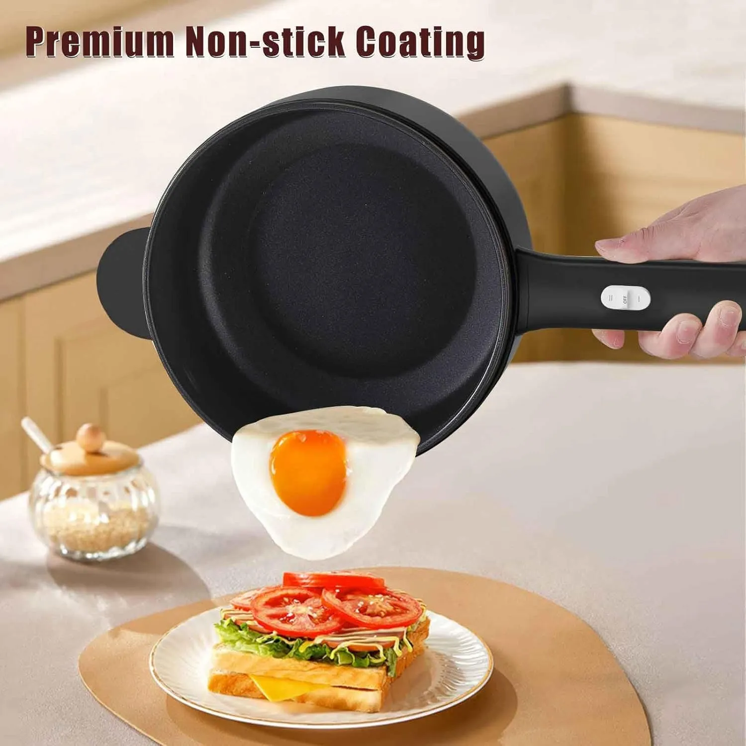 Dezin Electric Cooker, 2L Non-Stick Saut Pan, Rapid Noodles Cooker, Mini Pot for Steak, Egg, Fried Rice, Ramen, Oatmeal, Soup with Power Adjustment, College Dorm Room Essential(Egg Rack Included)