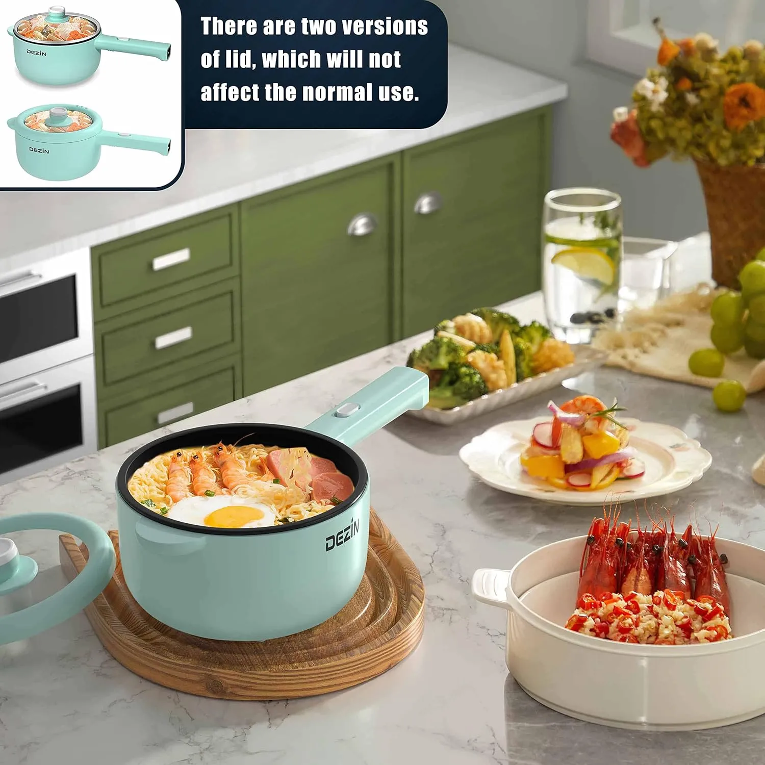 Dezin Electric Cooker, 2L Non-Stick Saut Pan, Rapid Noodles Mini Pot for Steak, Egg, Fried Rice, Ramen, Oatmeal, Soup with Power Adjustment, College Dorm Room Essential