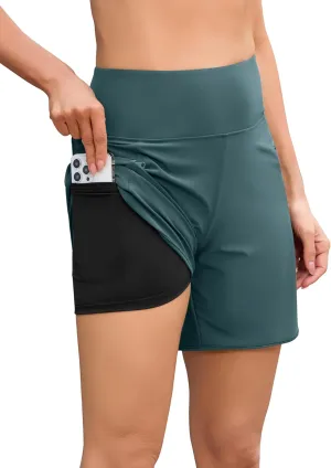 difficort Womens 7" Swim Shorts with Leggings High Waisted Board Beach Swimming Shorts with Zipper Pockets