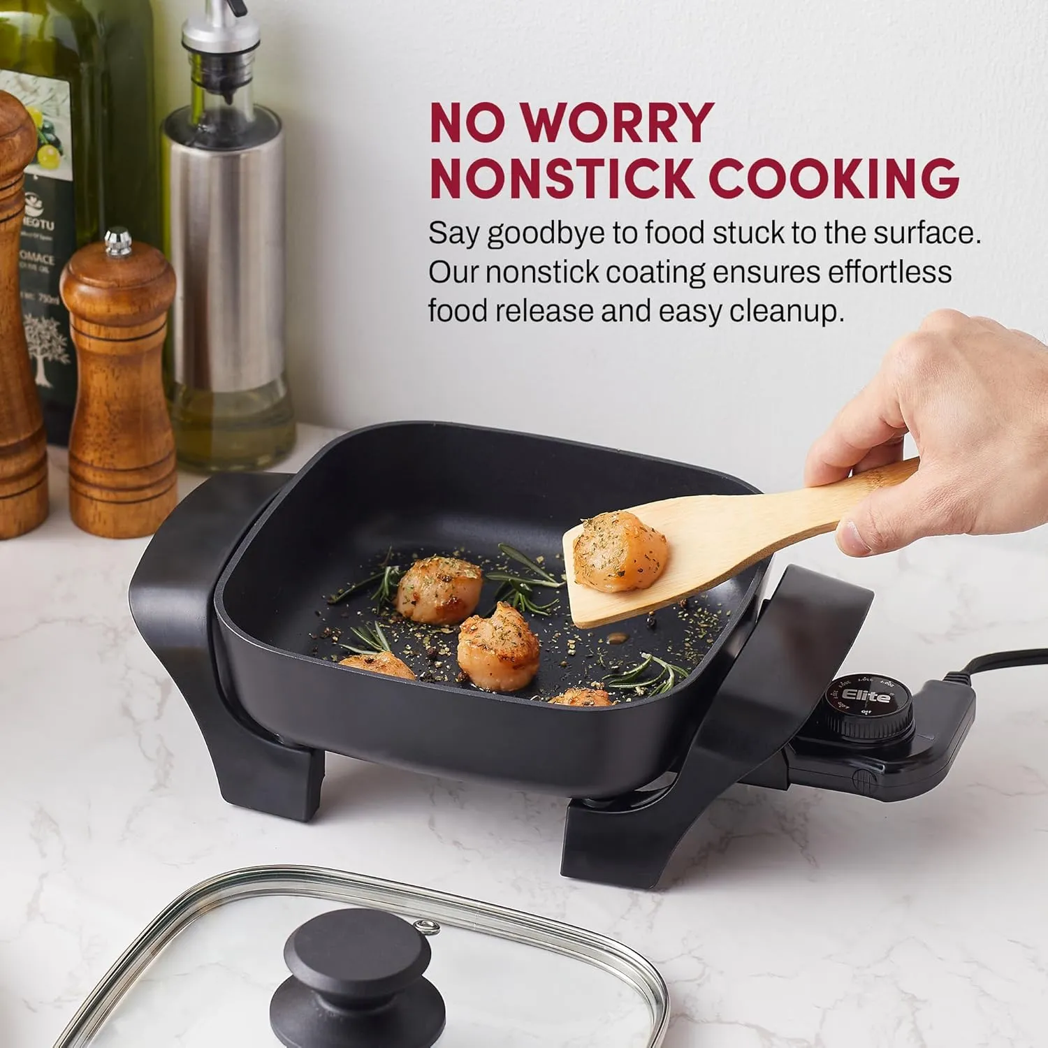 Elite Gourmet EG808 8 x 8" Non-stick Electric Skillet, Dishwasher Safe with Tempered Glass Vented Lid, Rapid Heat Up, 600W, Black