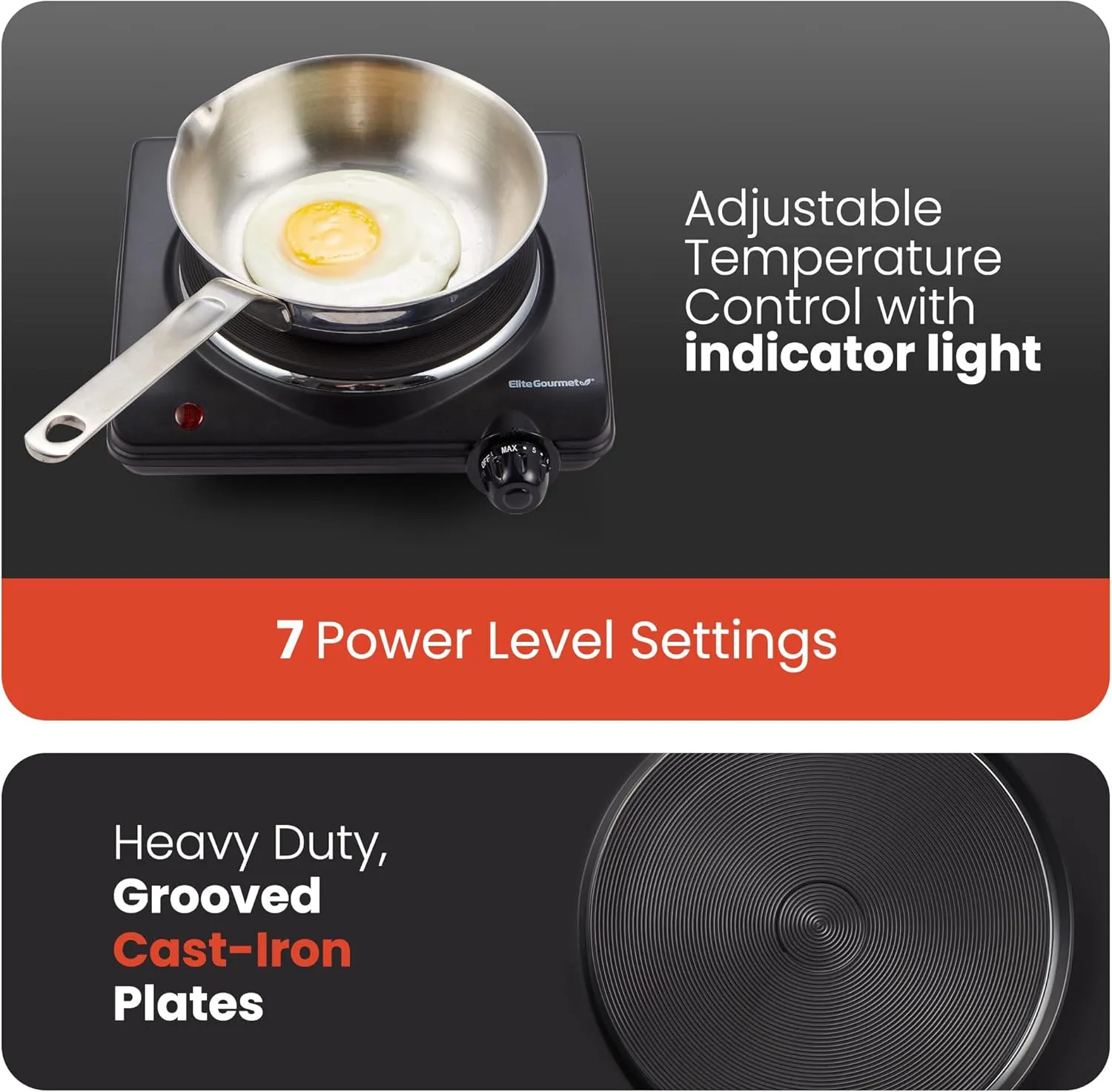 Elite Gourmet ESB-301BF Countertop Single Cast Iron Burner, 1000 Watts Electric Hot Plate, Temperature Controls, Power Indicator Lights, Easy to Clean, Black